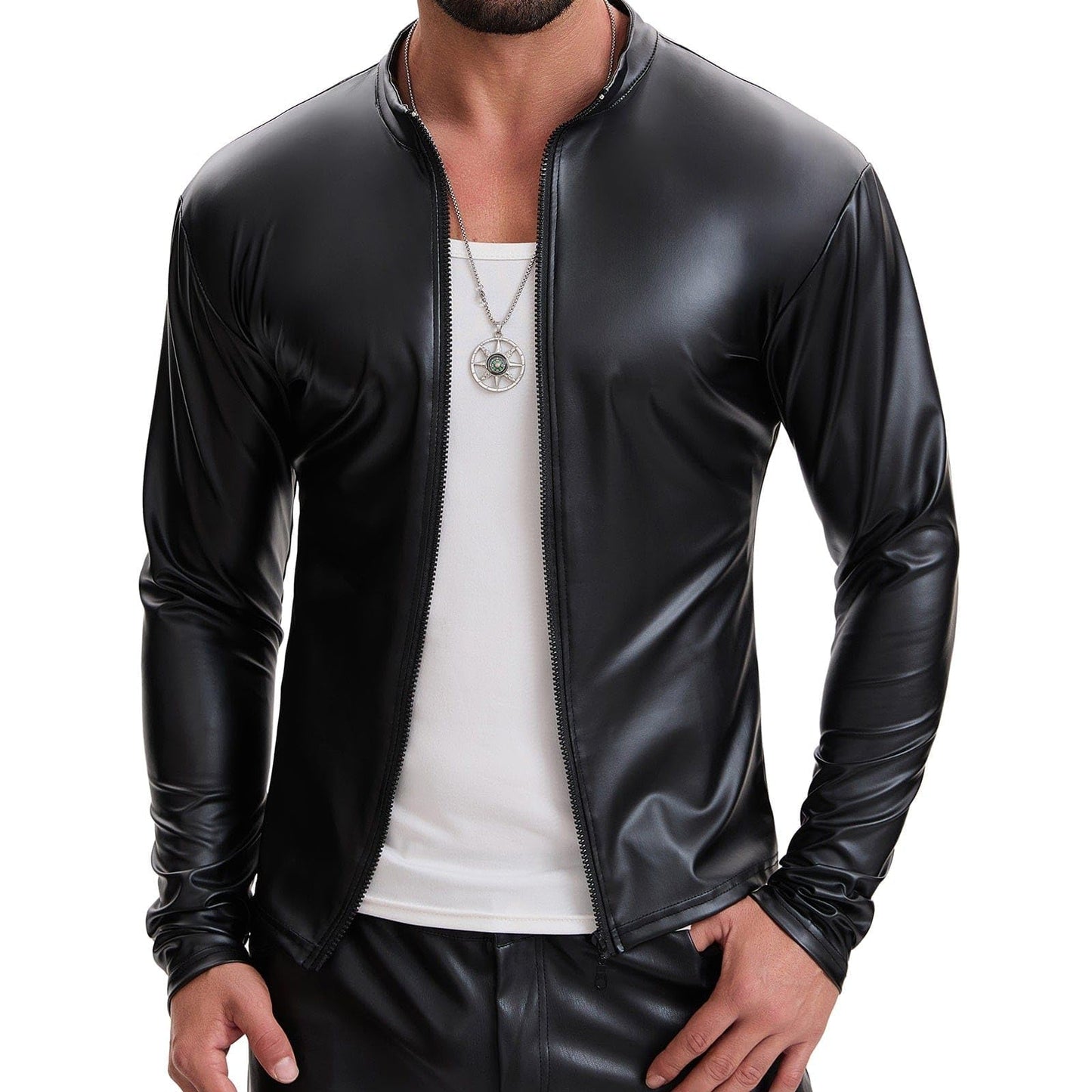 Mens Shiny Soft Leather Stand Collar Jacket Sexy Full Zipper Long Sleeve Shirts Solid Slim Fitted Stretch Tops Black