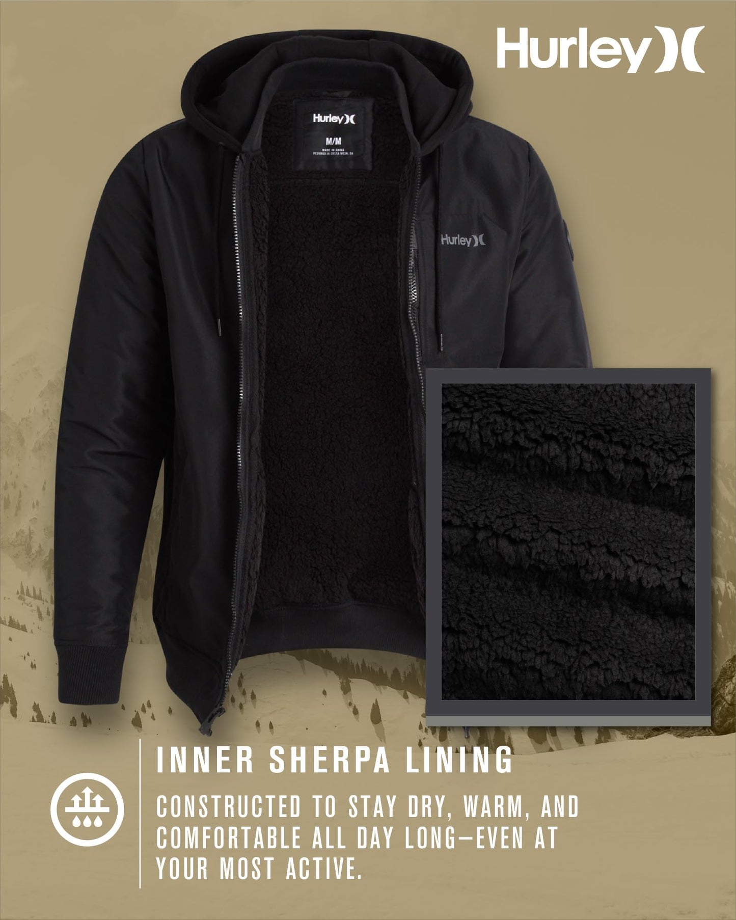 Hurley Mens Bomber Jacket - Soft Cozy Sherpa Lined Weather Resistant Casual Hooded Fleece Jacket for Men (Sizes: S-XL), Size Medium, Black