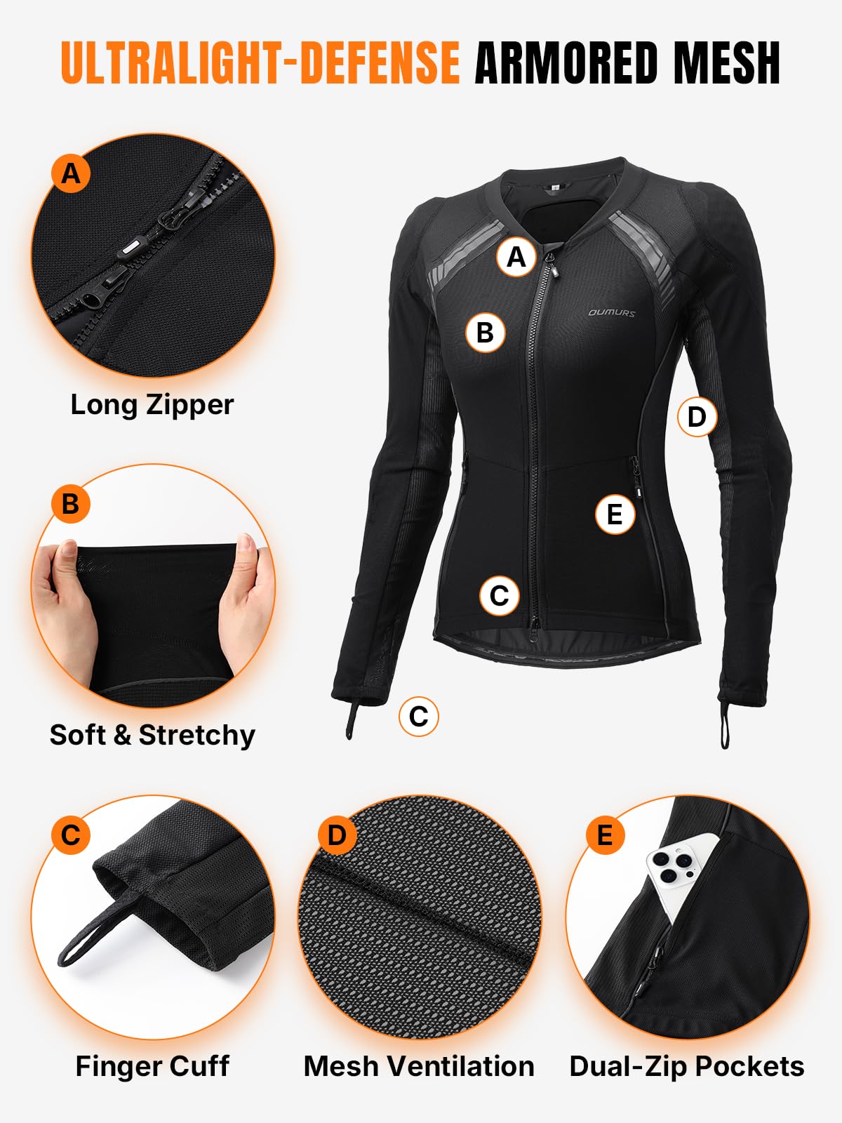 Oumurs Motorcycle Jacket Women Armored Motorcycle Shirt with CE Certified Protective Mesh Jacket with Reflective Strips, All Season Motorcycle Riding Shirt for Motorcycle Bicycle Scooter Riding Gear