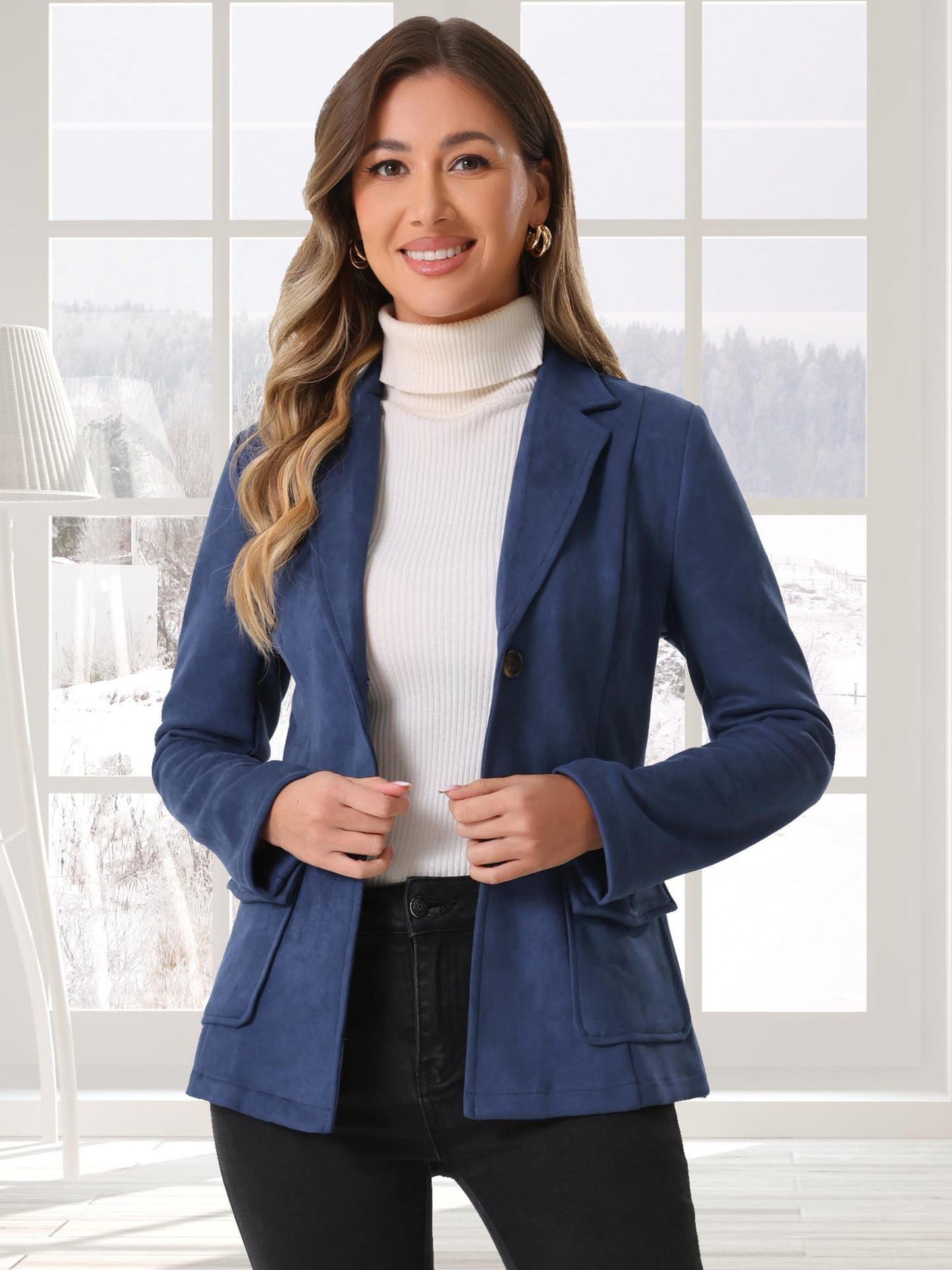 Allegra K Women's Faux Suede Blazer Belted Lapel Outwear Single Breasted Work Jacket Large Dark Blue