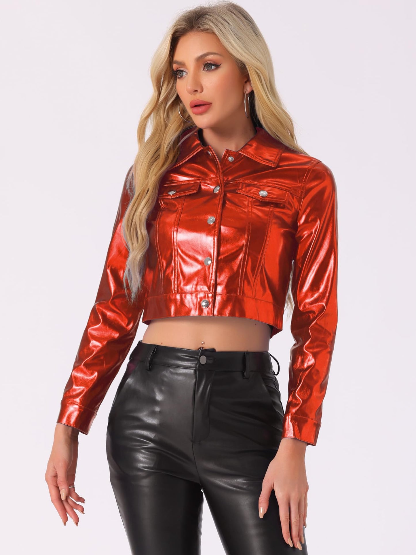 Allegra K Metallic Jacket for Women Moto Biker Jacket Holographic Shiny Crop Party Jackets Large Red