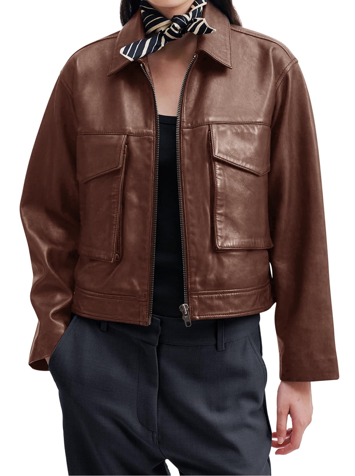 BZB Bomber Jacket Women Long Sleeve Brown Leather Jacket Women Casual Zip Up Motorcycle Moto Jacket with Pockets Going Out Outfits M