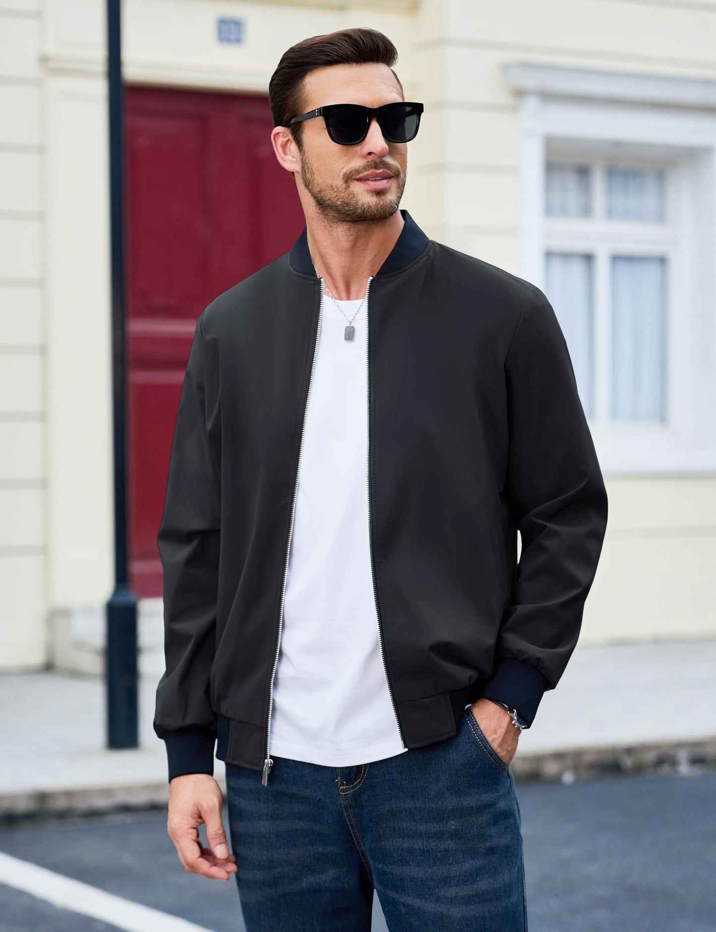 MAGCOMSEN Bomber Jacket Men Lightweight Jacket Full Zip Light Windbreaker Casual Stylish Golf Jackets Black L