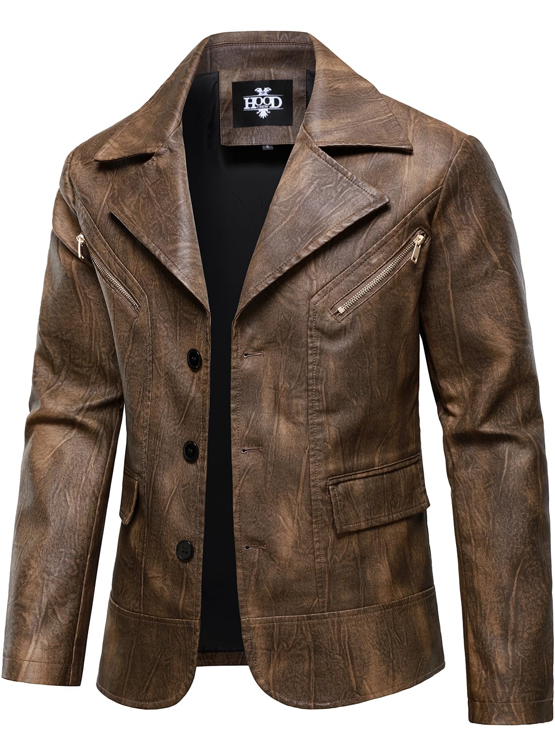 HOOD CREW Mens Casual Leather Blazer Vintage Lightweight Coat Button Closure Style Faux Leather Jackets for Men Brown L