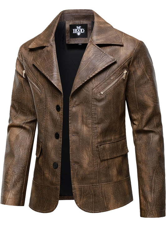 HOOD CREW Mens Casual Leather Blazer Vintage Lightweight Coat Button Closure Style Faux Leather Jackets for Men Brown L