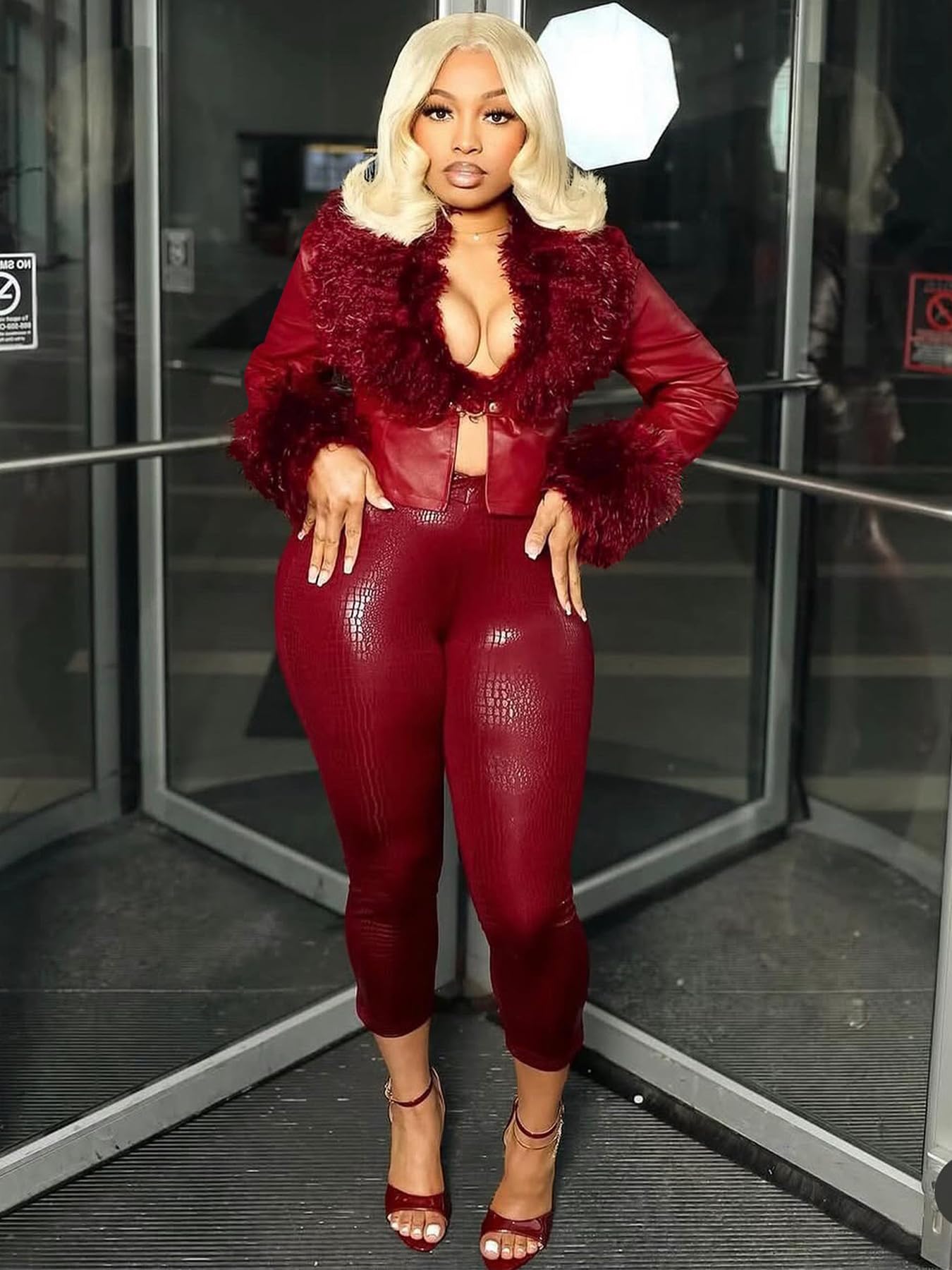 Mandonce Fur Cropped Leather Jacket Women V Neck Buckle Cinched Waist Motorcycle Jacket Y2K Sexy Going Out Jacket Streetwear Burgundy