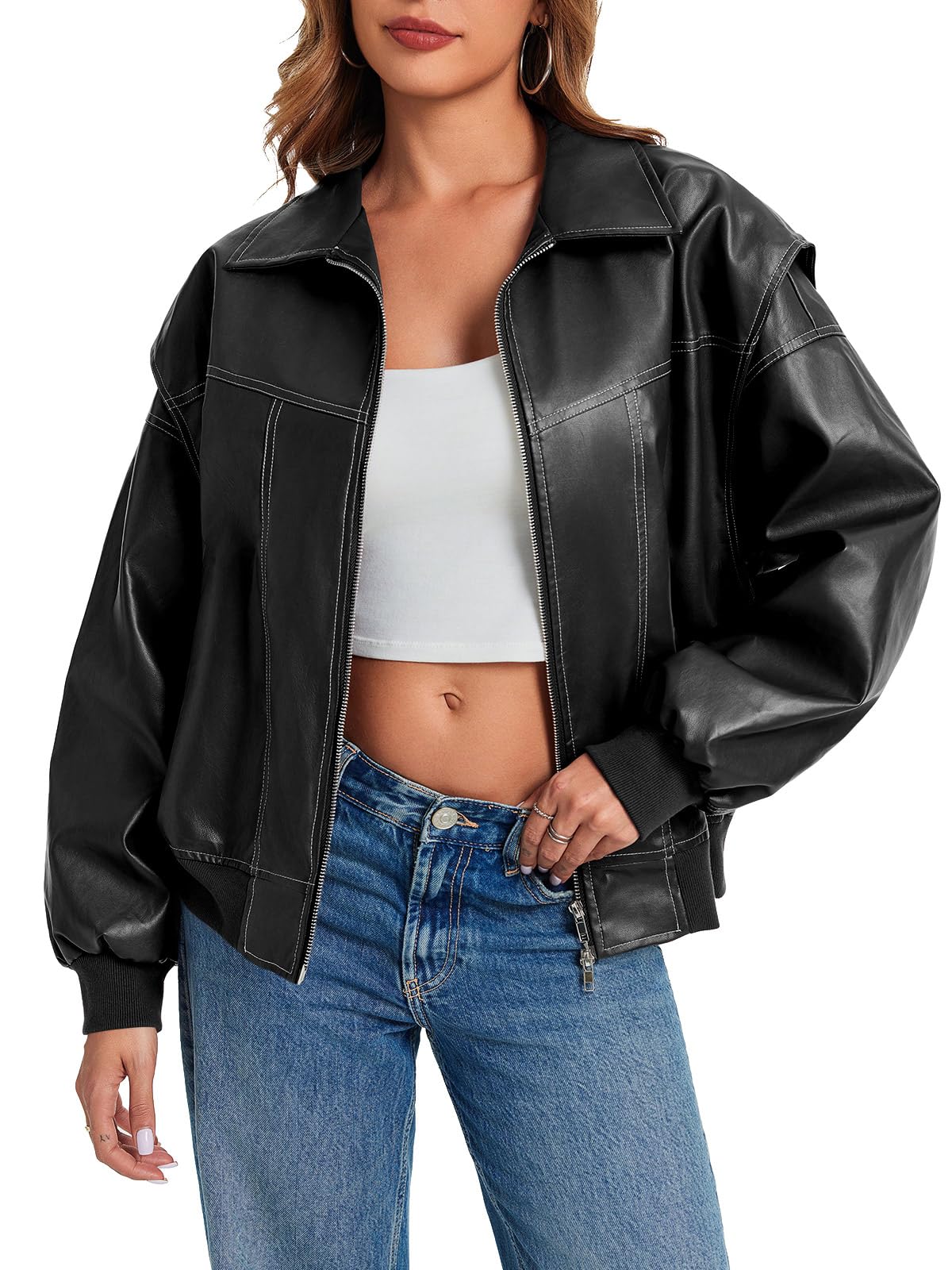 Tankaneo Womens Oversized Leather Bomber Jackets Cap Sleeve Zip Up Motorcycle Coats with Pockets