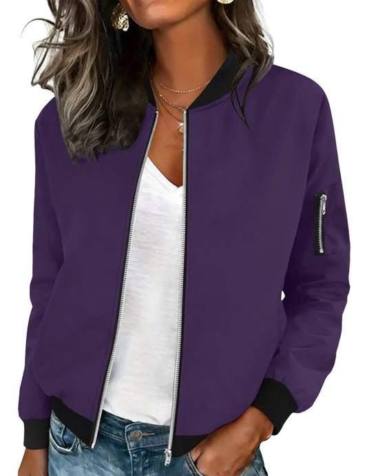 HOTOUCH Women Bomber Jacket Casual Long Sleeve Zip Up Coats Work Clothes