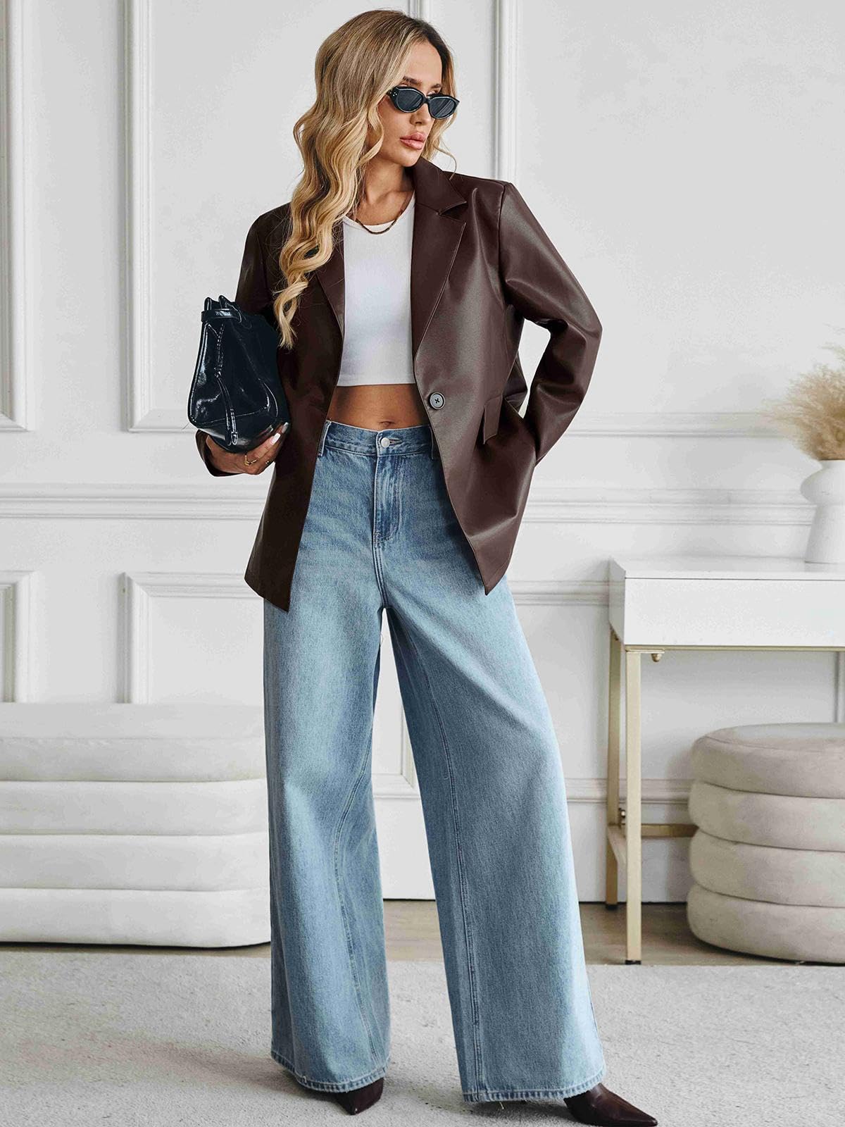 KateModa Women's Faux Leather Blazer Oversized Bomber Winter Coat Motocycle Button Down Fall Jackets with Pockets Brown Large
