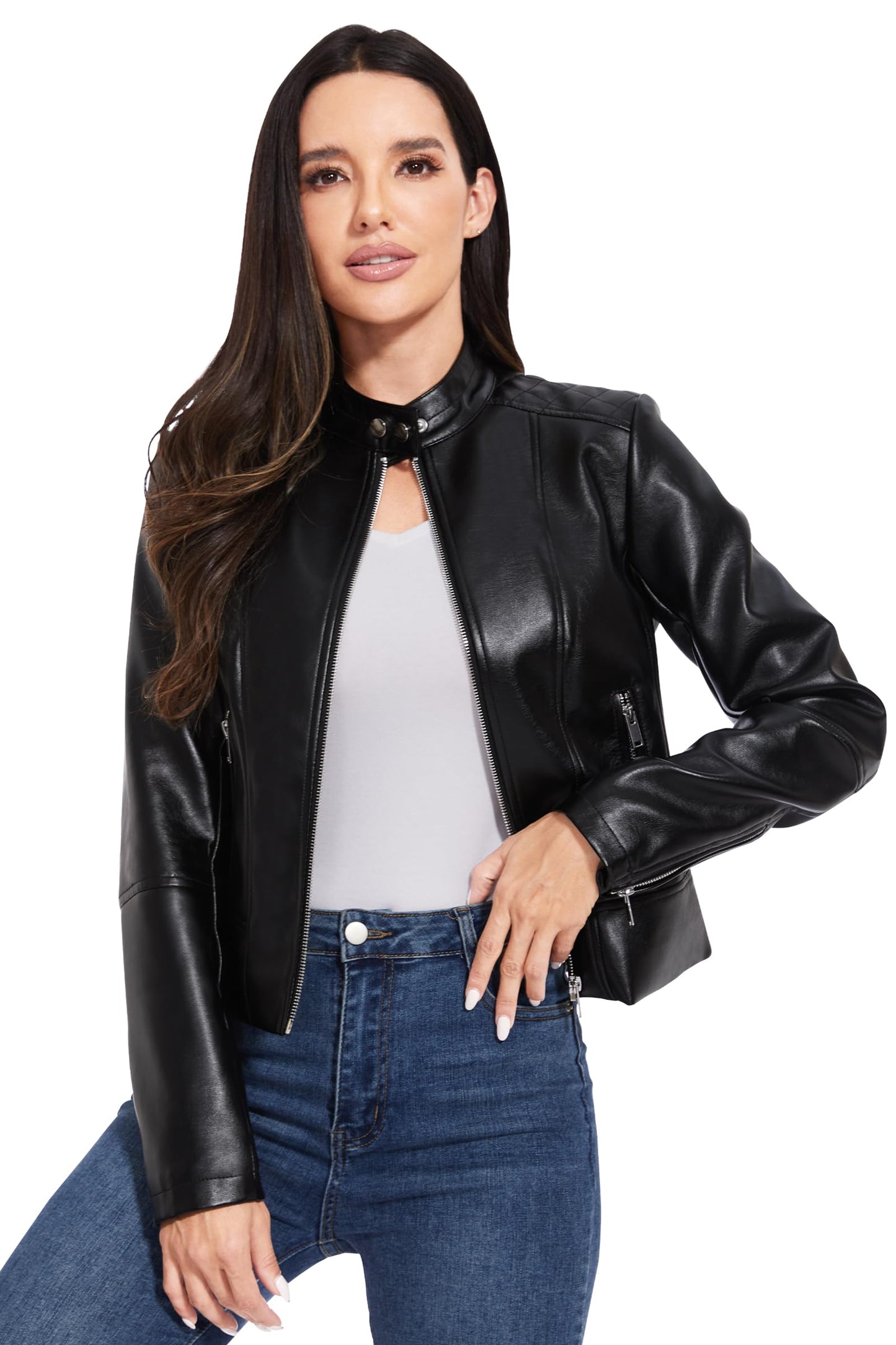 Fahsyee Faux Leather Jacket Women - Black Bomber Motorcycle Cropped Coat Moto Biker Blazer Casual Vegan Jackets Fashion L