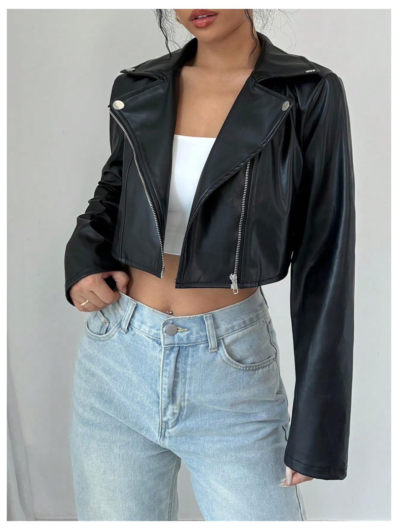 OYOANGLE Women's PU Leather Cropped Jacket Zip Up Motorcycle Jackets Coat Black Small