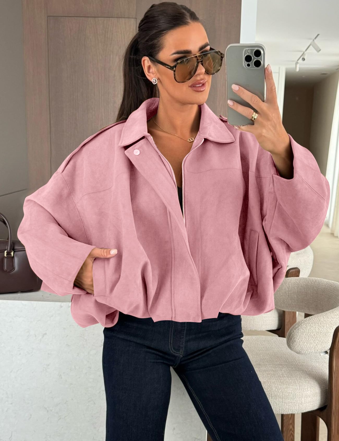 Kissonic Womens Faux Suede Bomber Jacket Oversized Batwing Long Sleeve Zip Up Cropped Coat Streetwear(Pink-L)