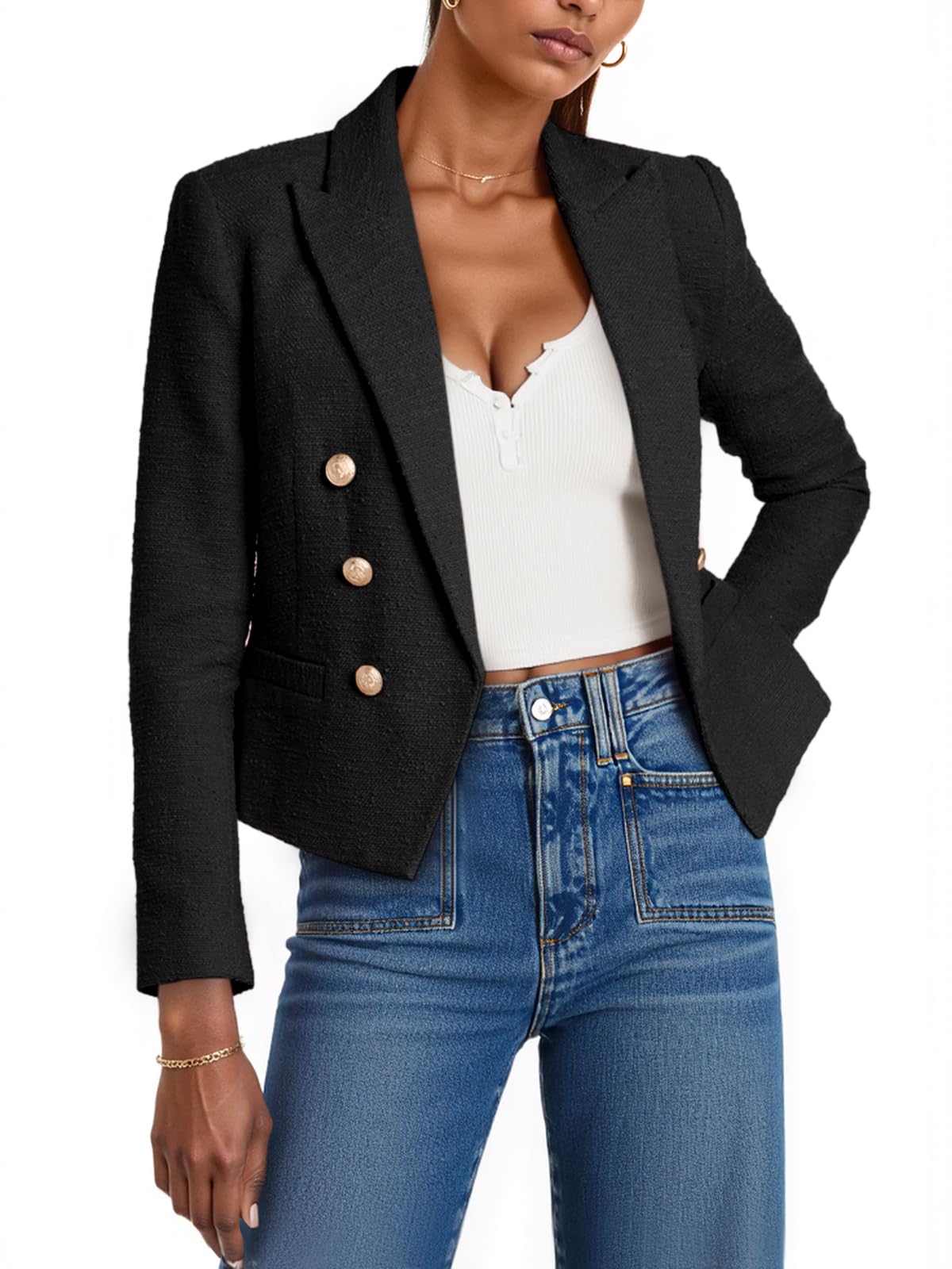 Cicy Bell Women Cropped Tweed Blazer Jackets Lapel Open Front Long Sleeve Business Suit Jackets with Pocket Black