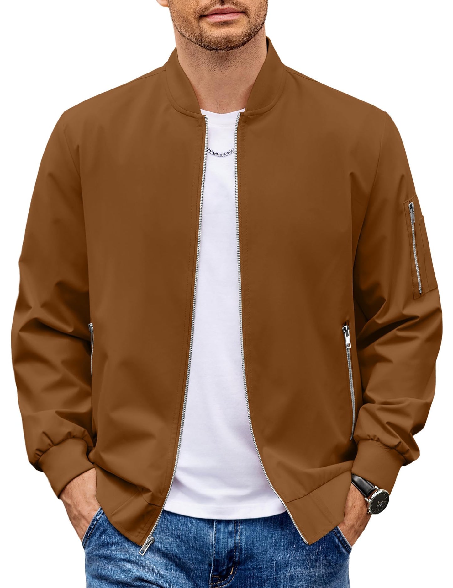 COOFANDY Windbreaker Jackets For Men Casua Stand Collar Bomber Jacket Brown Spring Fall Zip Up Light Coat Outerwear 3XL