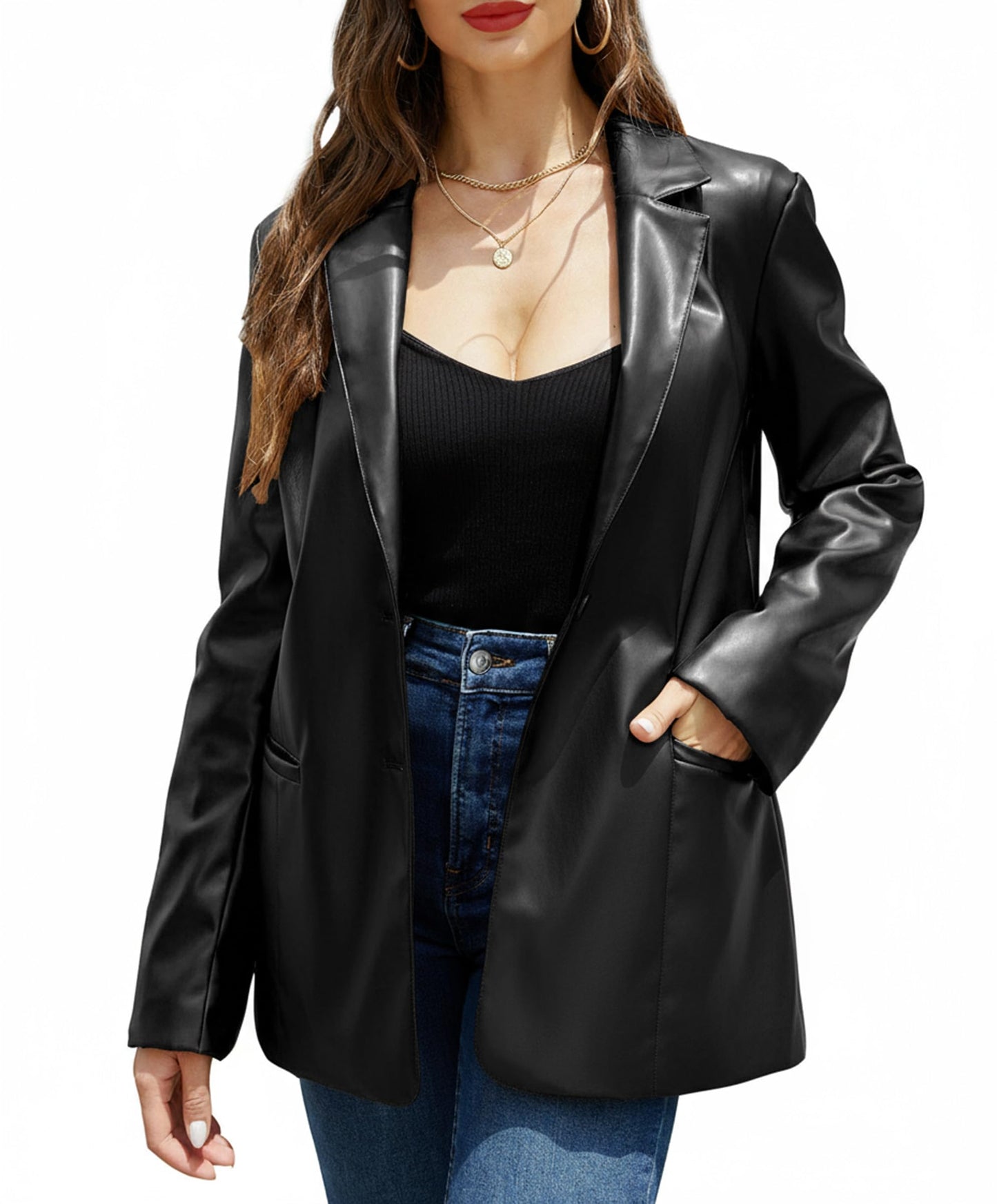 RISISSIDA Women Faux Leather Blazer Jacket,Soft PLeather PU Coat,Black,S