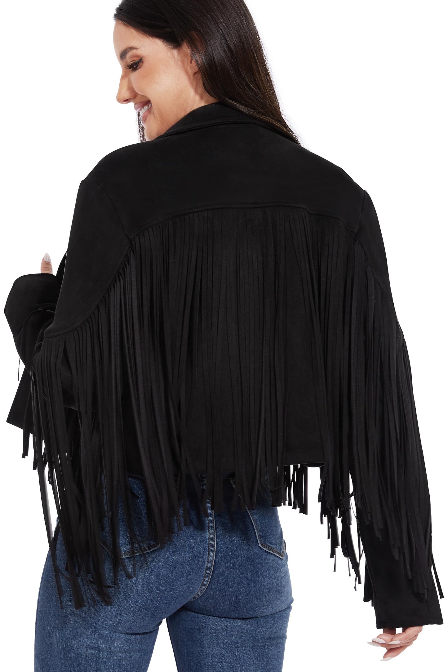 Fahsyee Fringe Leather Jacket Women, Western Cowgirl Outfits for Women Country Concert Wear Suede Cropped Coat Black L