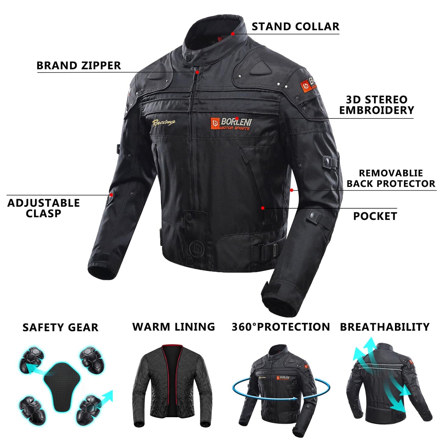 BORLENI Motorcycle Jacket for Men with Armor Riding Jacket CE Approved