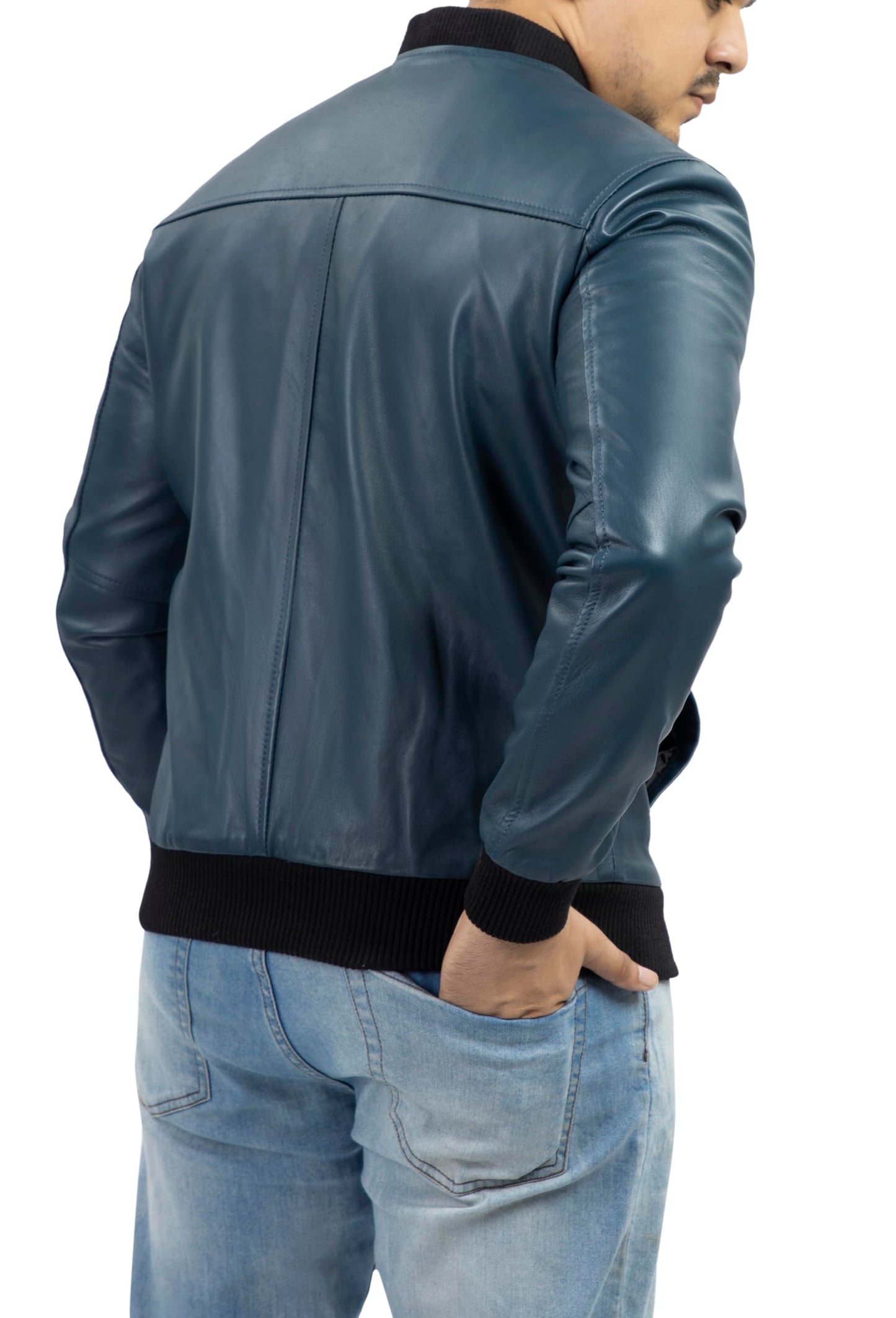 Jild Varsity Style Leather Bomber Jacket Men - Genuine Lambskin Men's Casual Fashion Classic MA-1 Leather Jacket (Rib-Blue-M)
