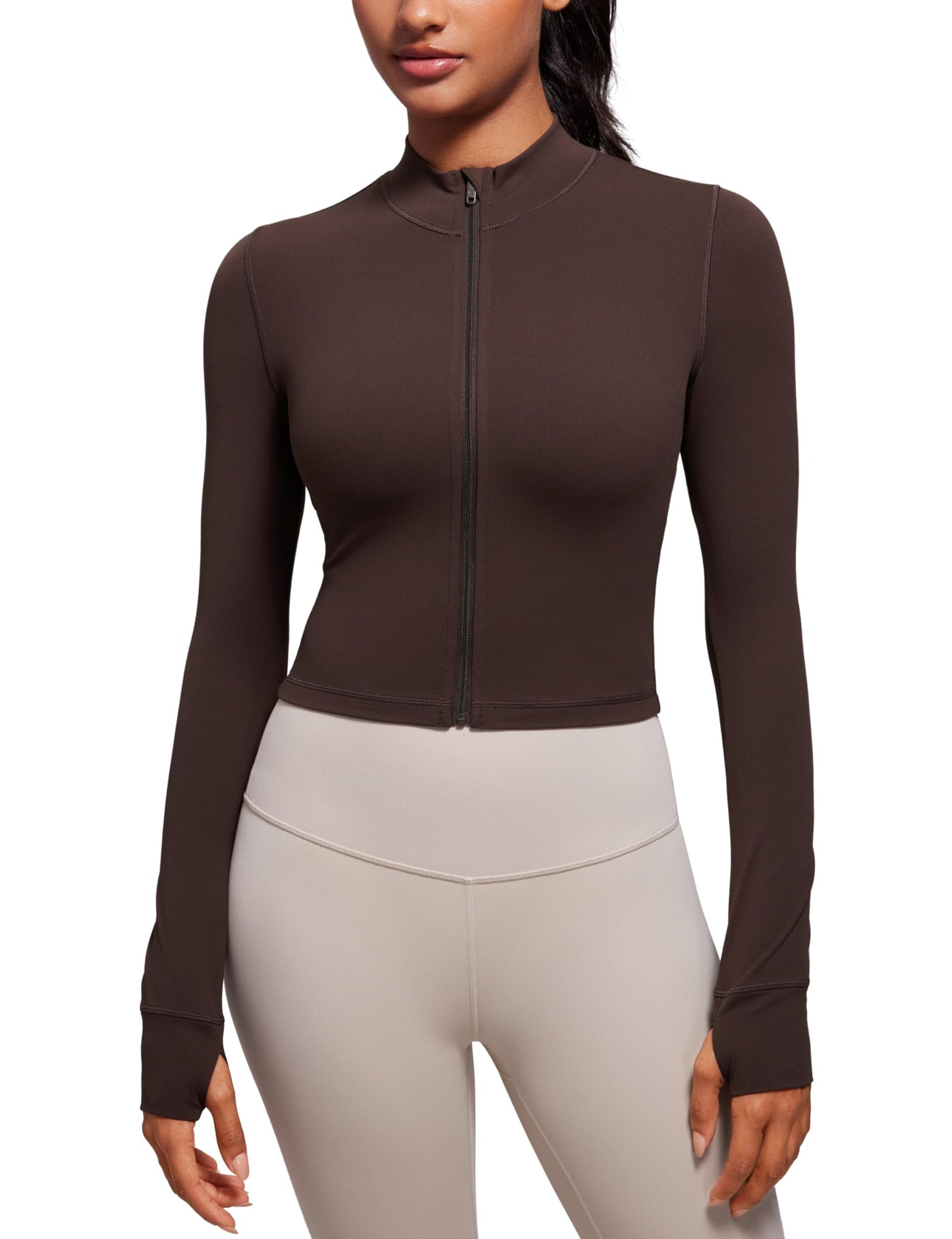 CRZ YOGA Butterluxe Cropped Athletic Jackets for Women - Full Zip Up Track Tops with Thumb Holes Pockets Hot Fudge Brown Small