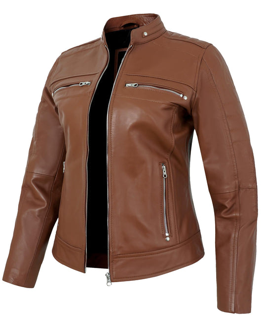 UrbanFocal Brown Leather Jacket Women - Real Lambskin Leather Motorcycle Jackets Women | [101015503] Cafe Racer Cognac W/o Wax, M