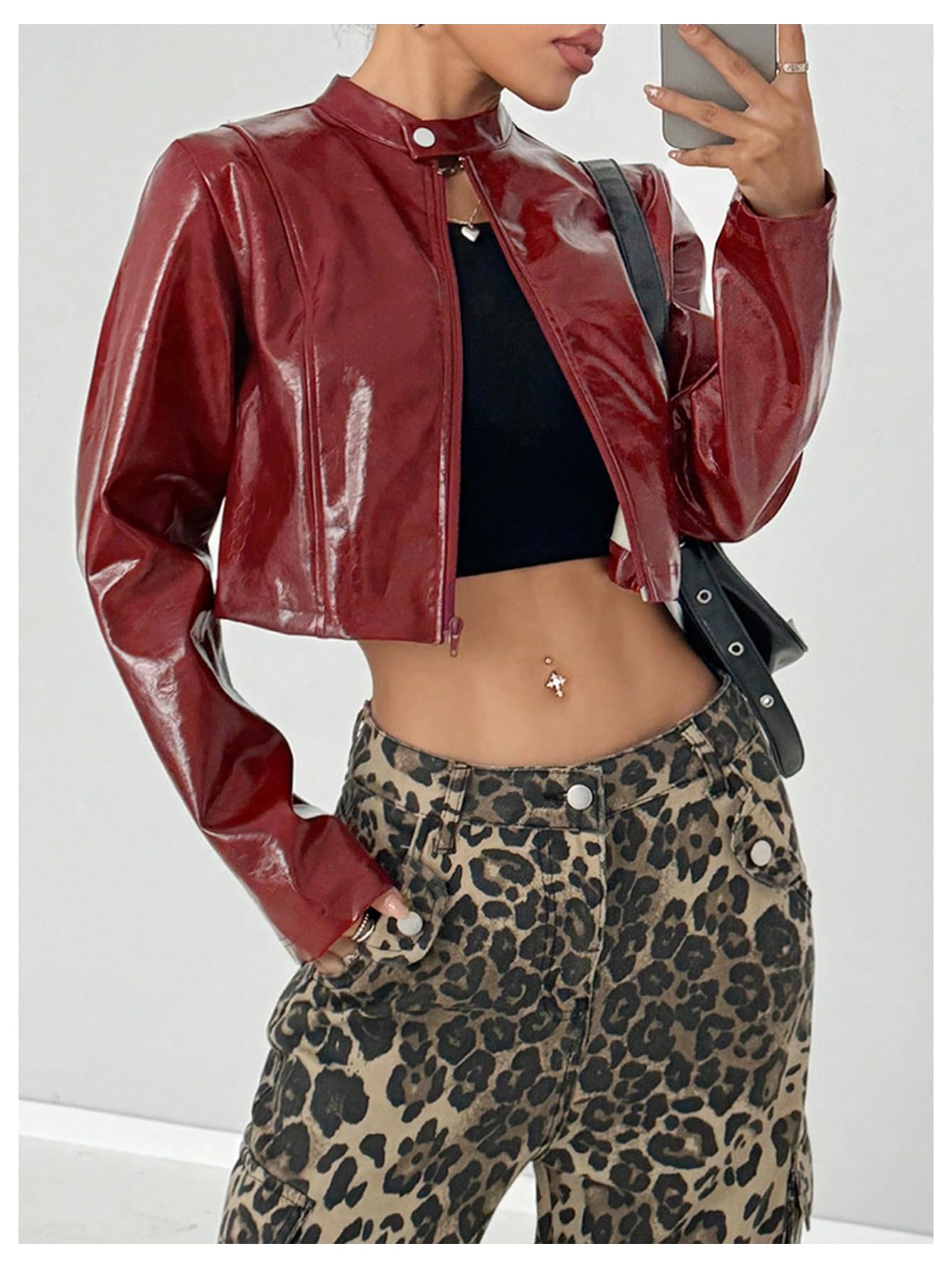 WDIRARA Women's PU Leather Cropped Jacket Zip Up Mock Neck Long Sleeve Outerwear Streetwear Burgundy Small