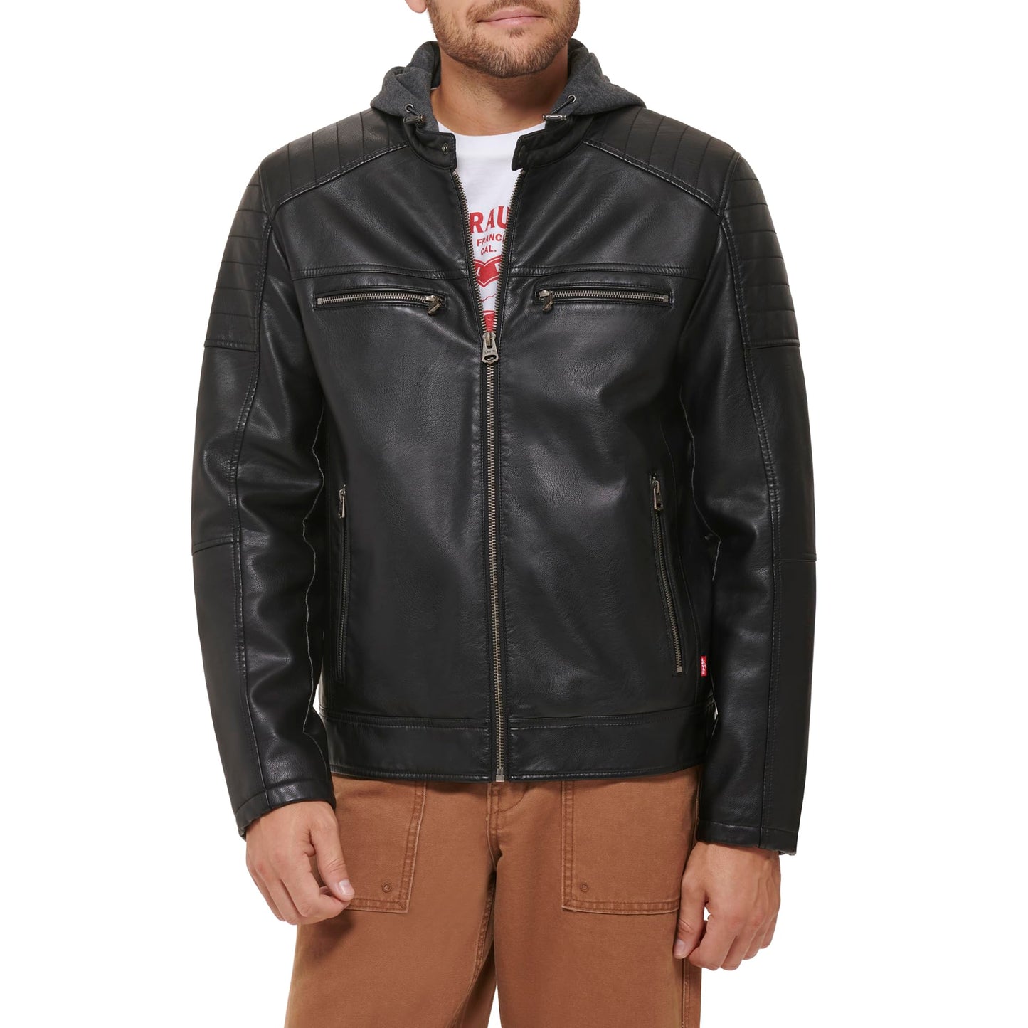 Levi's Men's Faux Leather Hooded Racer Jacket, Black Modern Lamb, Large