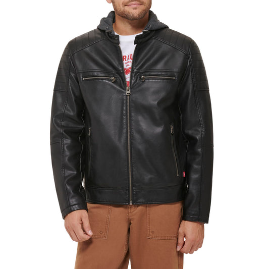Levi's Men's Faux Leather Hooded Racer Jacket, Black Modern Lamb, Large