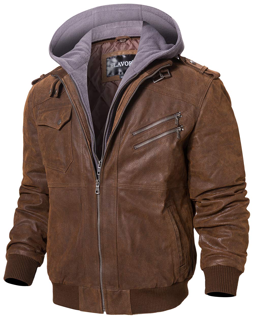 FLAVOR Men Brown Leather Motorcycle Jacket with Removable Hood. (Large (US standard), Brown+Gray)