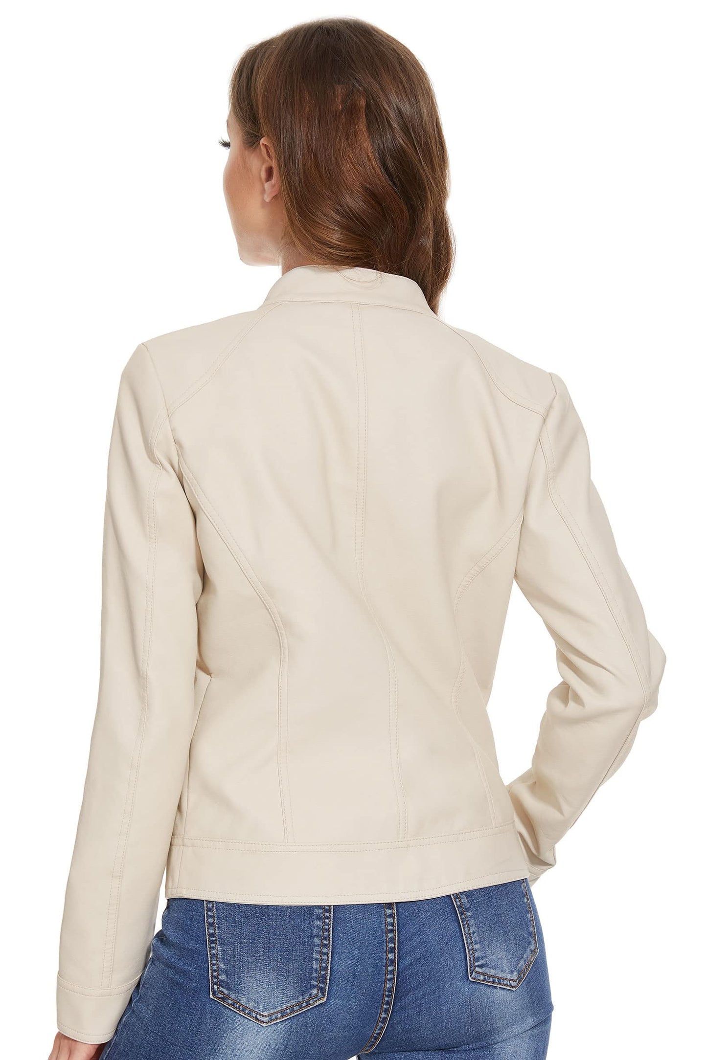 Fahsyee Women's Faux Leather Jackets, Zip Up Motorcycle Short PU Moto Biker Outwear Fitted Slim Coat Size S White
