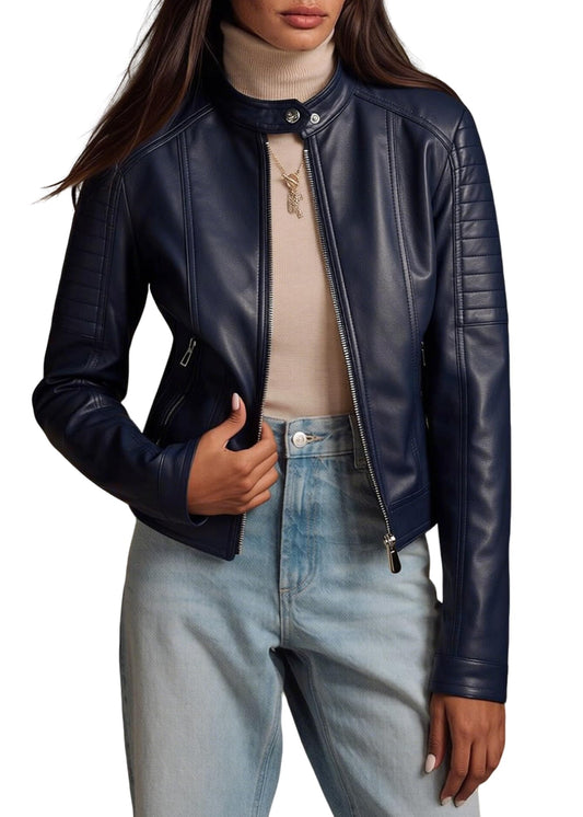 Pallivare Women's Faux Leather Jacket Spring Motorcycle Biker Clothes Outfits Short Fashion PU Slim Coat SKT1308 Dark Blue L
