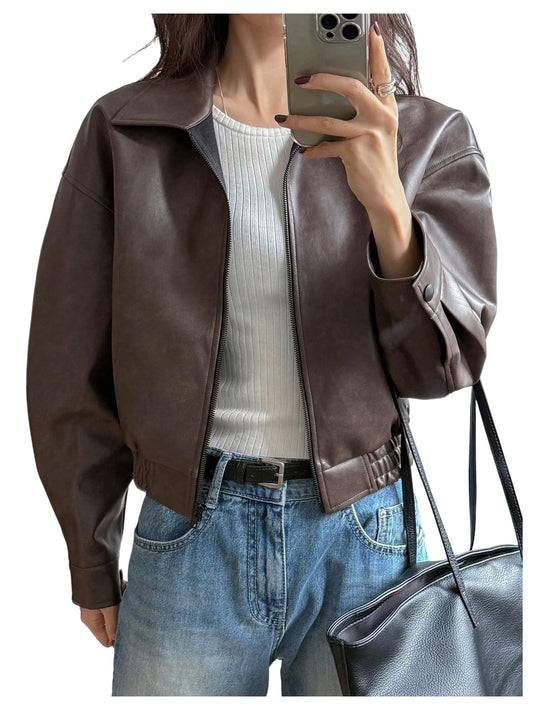 BEAUDRM Women's Y2K Faux Leather Jacket Zip Up Crop Bomber Jacket Going Out Motor Bike Motorcycle Coat Streetwear with Pocket Brown Large