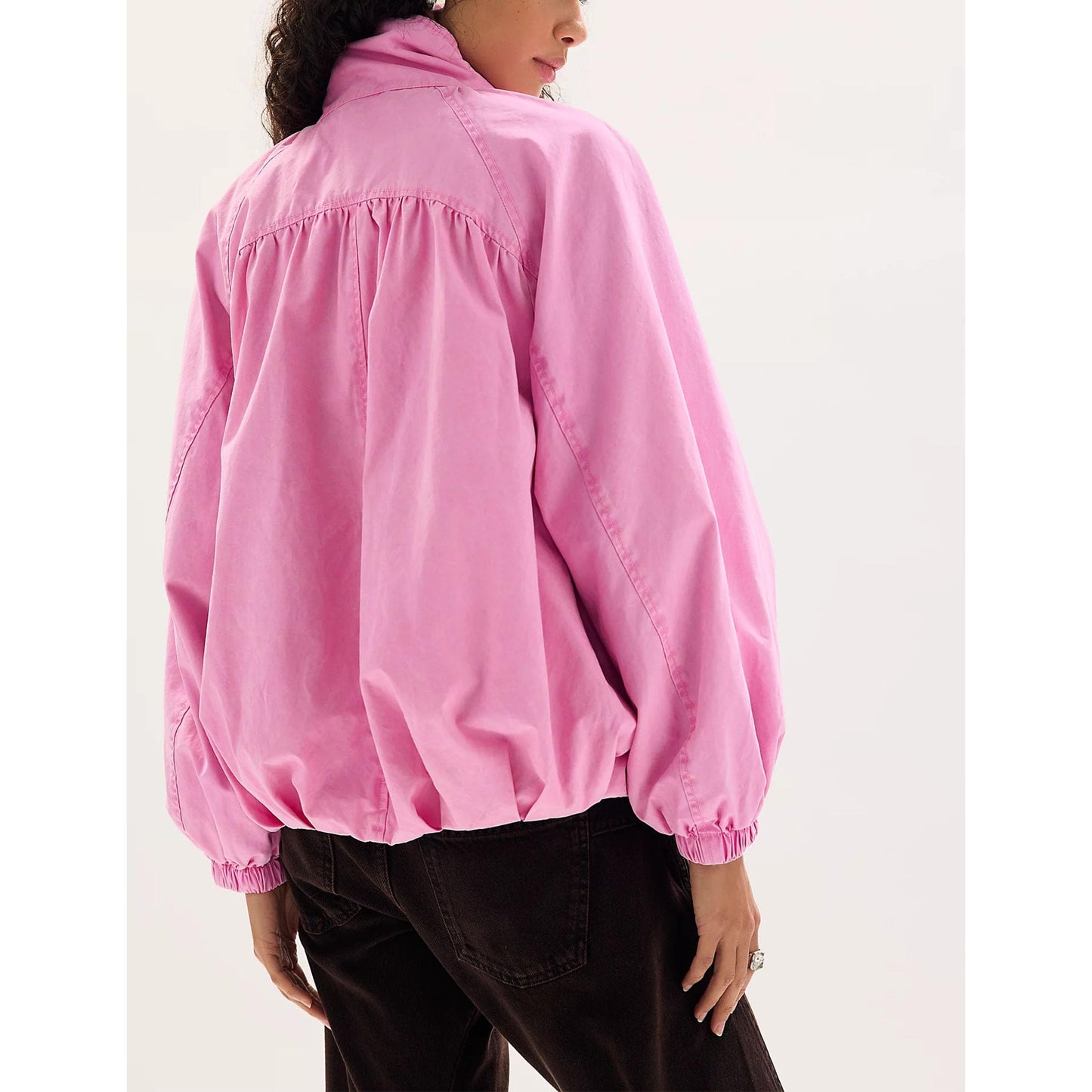 Yaykio Women Oversized Bomber Jacket Funnel Neck Zip Up Batwing Sleeve Fall Outerwear Coats Casual Outfits with Pockets(Pink,L)