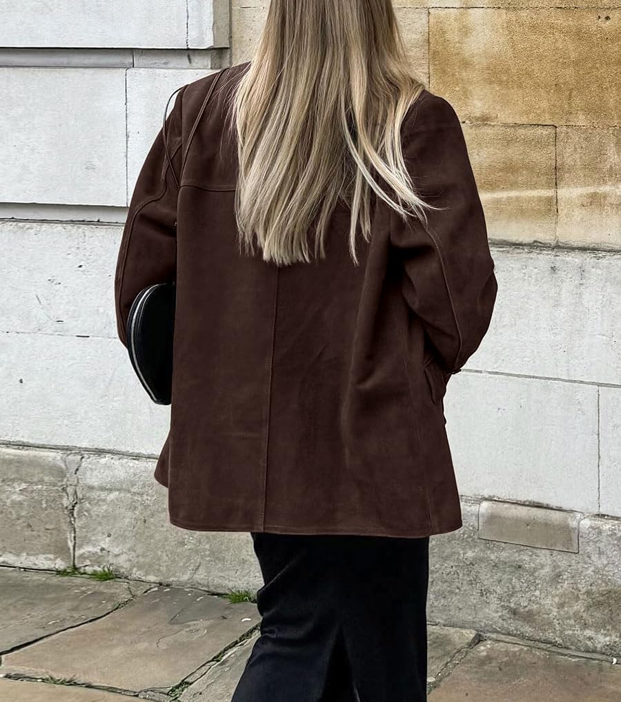 chouyatou Women's Faux Suede Blazer Jacket Notched Lapel Single Breasted Faux Suede Leather Suit Jacket (Small, Coffee Brown)