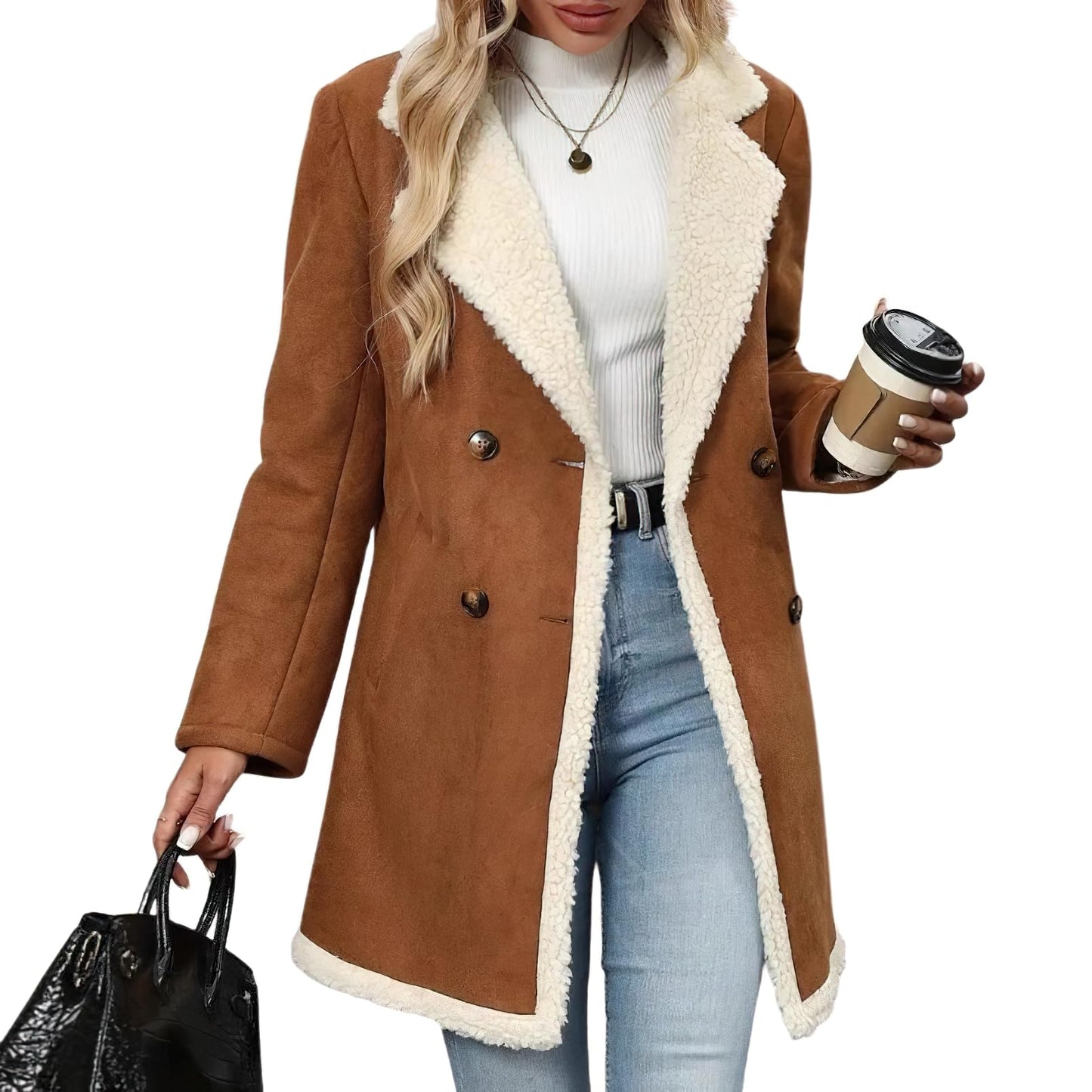 chouyatou Women's Winter Notch Lapel Double Breasted Peacoat Sherpa Fleece Lined Faux Suede Jacket Coat (X-Large,Brown)