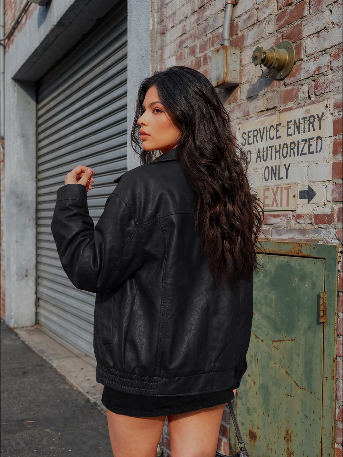 AUTOMET Women's Oversized Faux Leather Jacket Boyfriend Biker Moto Coat Lightweight Fall Bomber Outerwear Black S