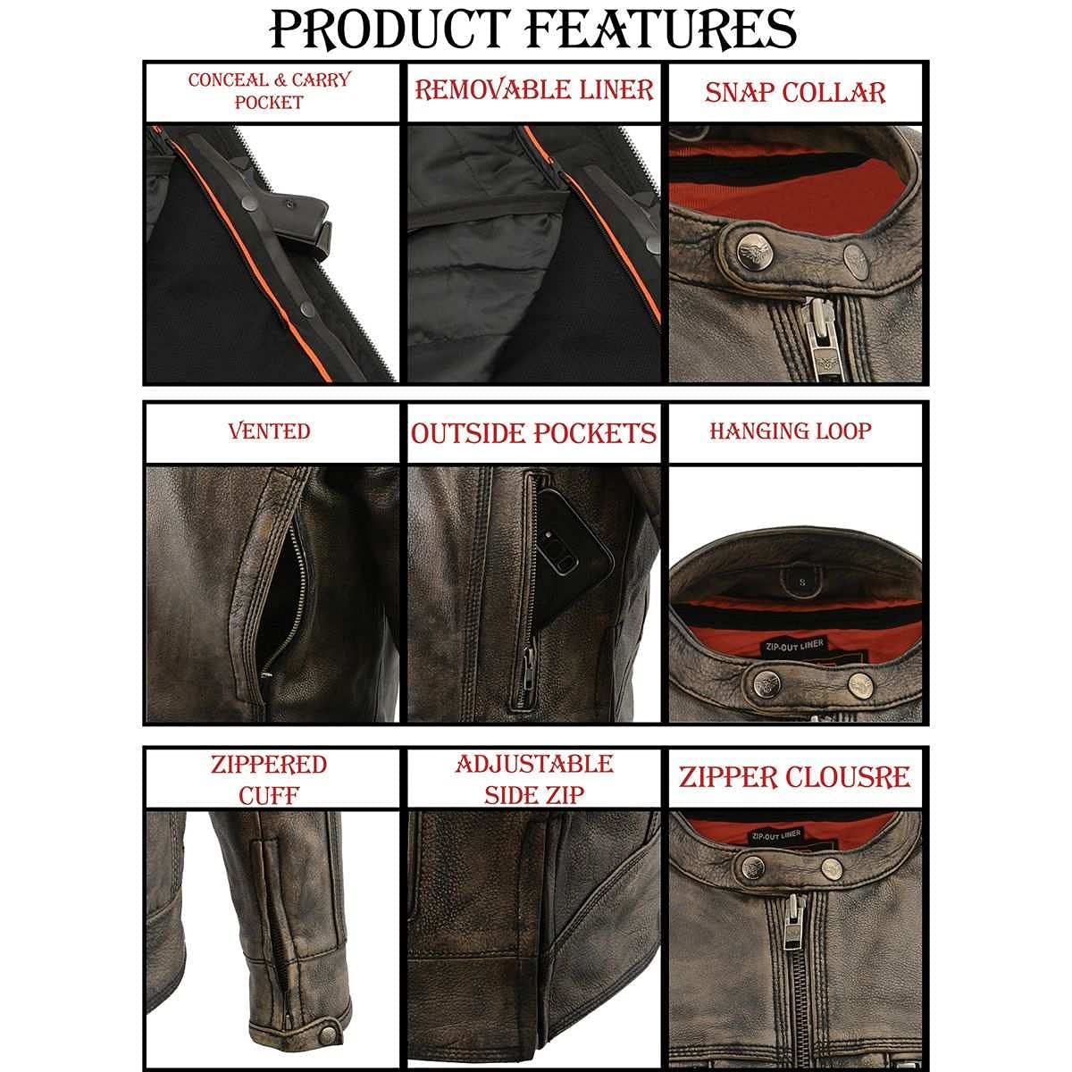 Milwaukee Leather MLM1550 Men's Vented Black-Beige Distressed Leather Scooter Jacket (Medium)