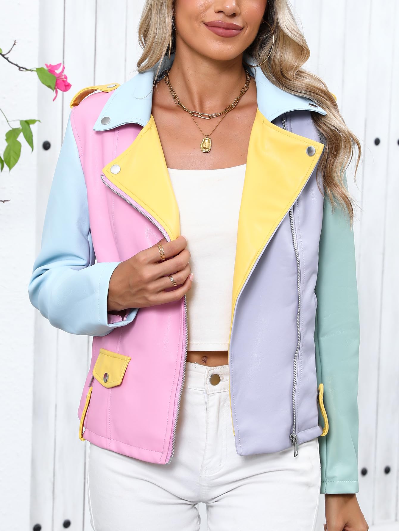 Bellivera Women's Faux Leather Casual Short Jacket Moto Fall Coat with Pockets R23002 Multicolor L