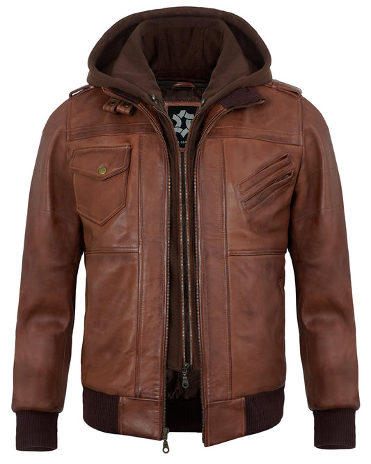 UrbanFocal Hooded Brown Leather Bomber Jacket Men - Real Lambskin Leather Jackets For Mens With Detachable Hood | [101010005] Edinburgh Cognac, XL