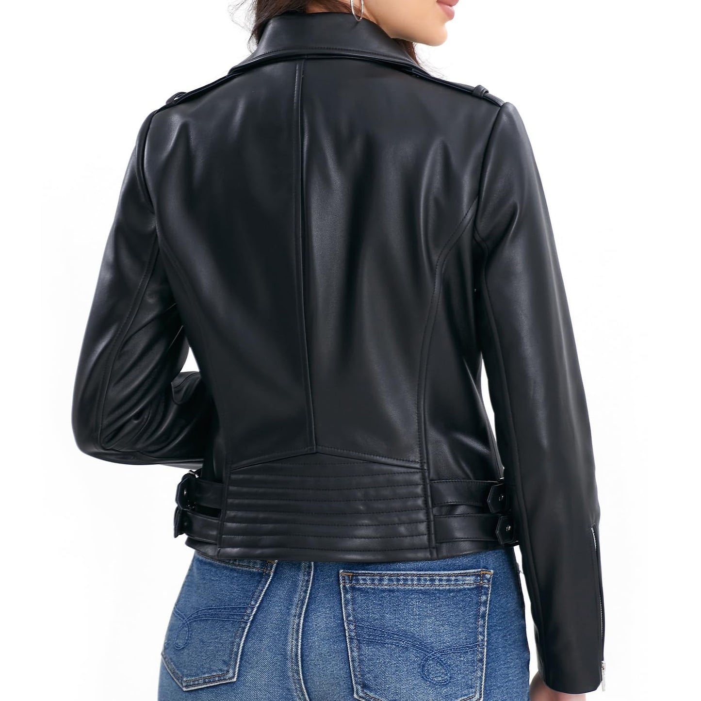 SILVER FASHIONS Asymmetrical Leather Jacket Women,Spring&Fall&Winter Lambskin Moto Outwear(Large,Black)
