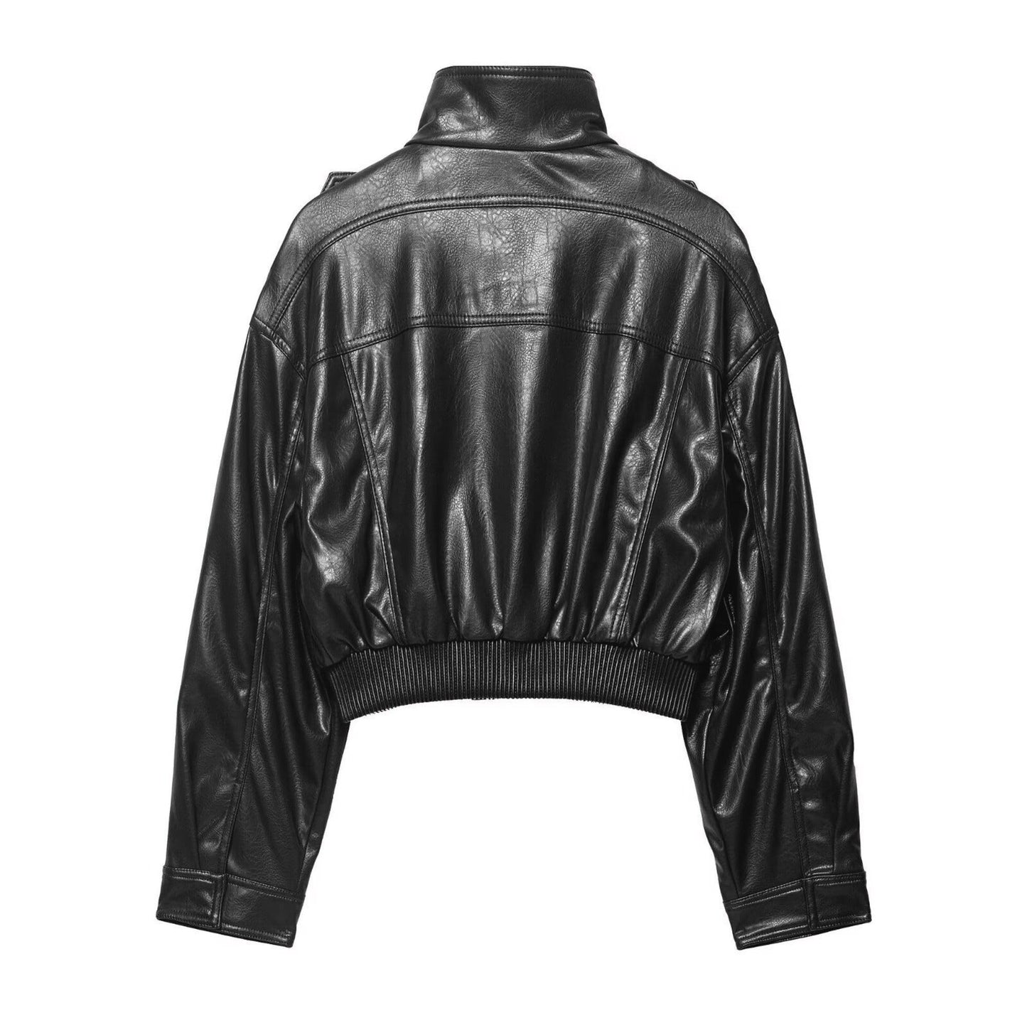 FindThy Women’s Cropped Faux Leather Jacket Vintage Stand Collar Long Sleeve Zip Up Fall Fashion Motorcycle Bomber Coats(4212-Black-M-aLB)