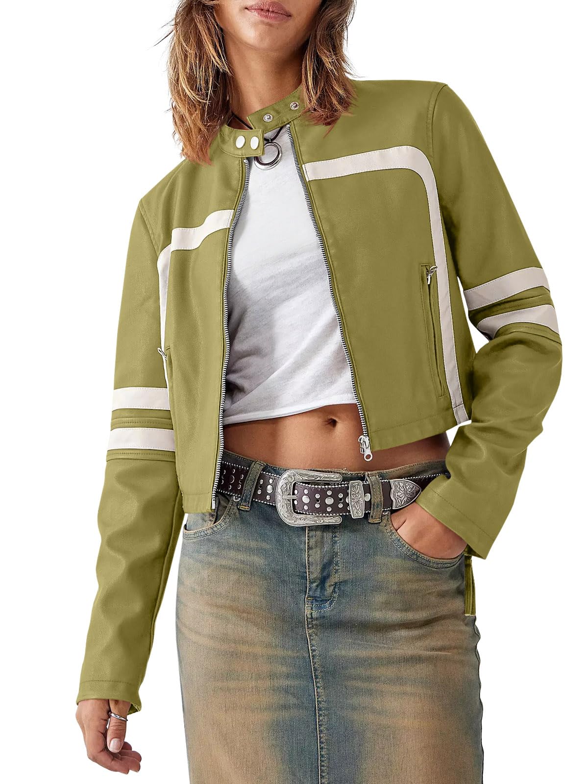 Saodimallsu Women’s Faux Leather Jackets Zip Up Stand Collar Cropped Motocross PU Coats