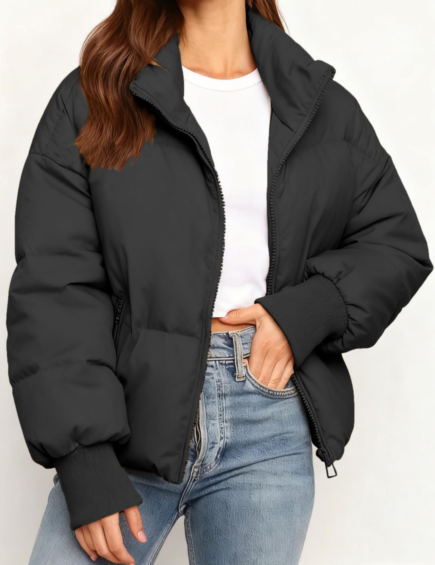 MaShinequang Womens Cropped Black Puffer Jacket Zip Up Quilted Padded Coat Outwear with Pockets (Black, Large)