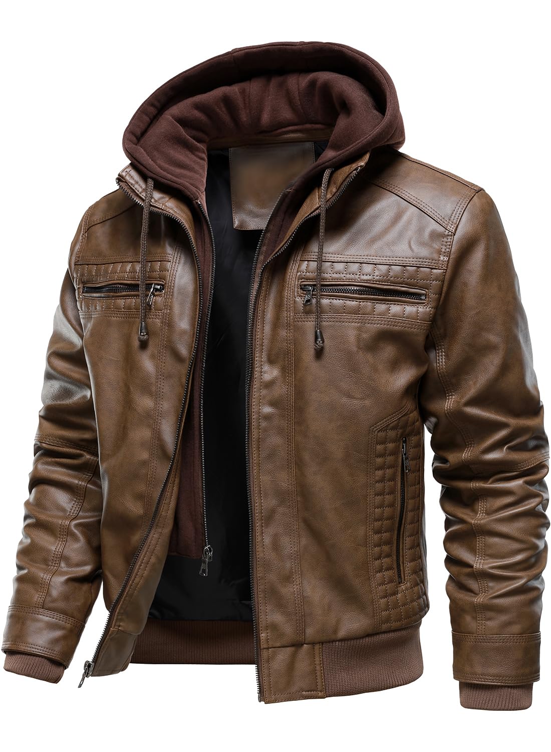 HOOD CREW Men Faux Leather Jacket with Detachable Hood Casual Motorcycle Bomber Jackets Outerwear Brown XXL