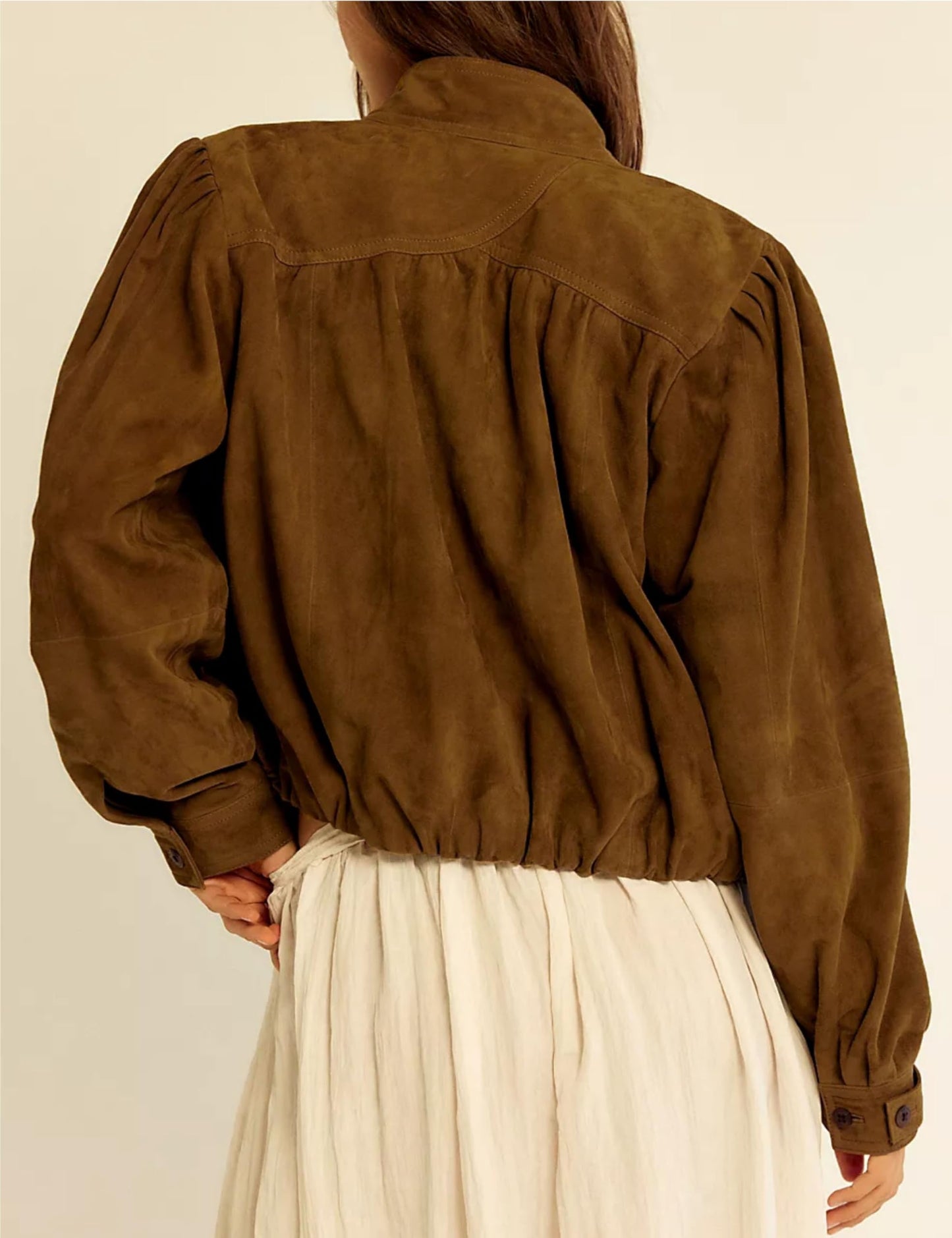 Wanzetaly Women's Faux Suede Jacket Casual Cropped Leather Coat with Pocket Button Bomber Jacket(0615-Brown-S)