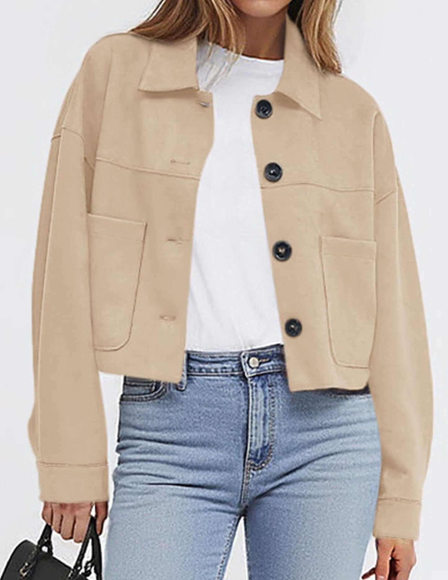 PRETTYGARDEN Women's Faux Suede Cropped Jacket Casual Lightweight Fall Fashion 2026 Winter Coats Outerwear Trendy Clothes (Beige,Small)