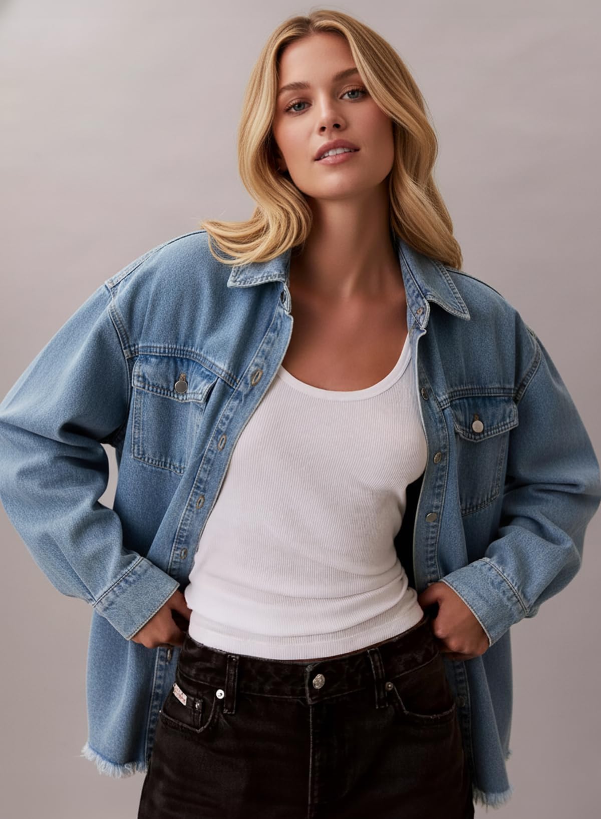Dokotoo Jean Jacket Women Spring Summer Fall Country Concert Outfits Casual Long Sleeve Denim Shirt Distressed Boyfriend Denim Jacket Shackets Western Jean Jacket Womens Clothing Sky Blue Jackets L