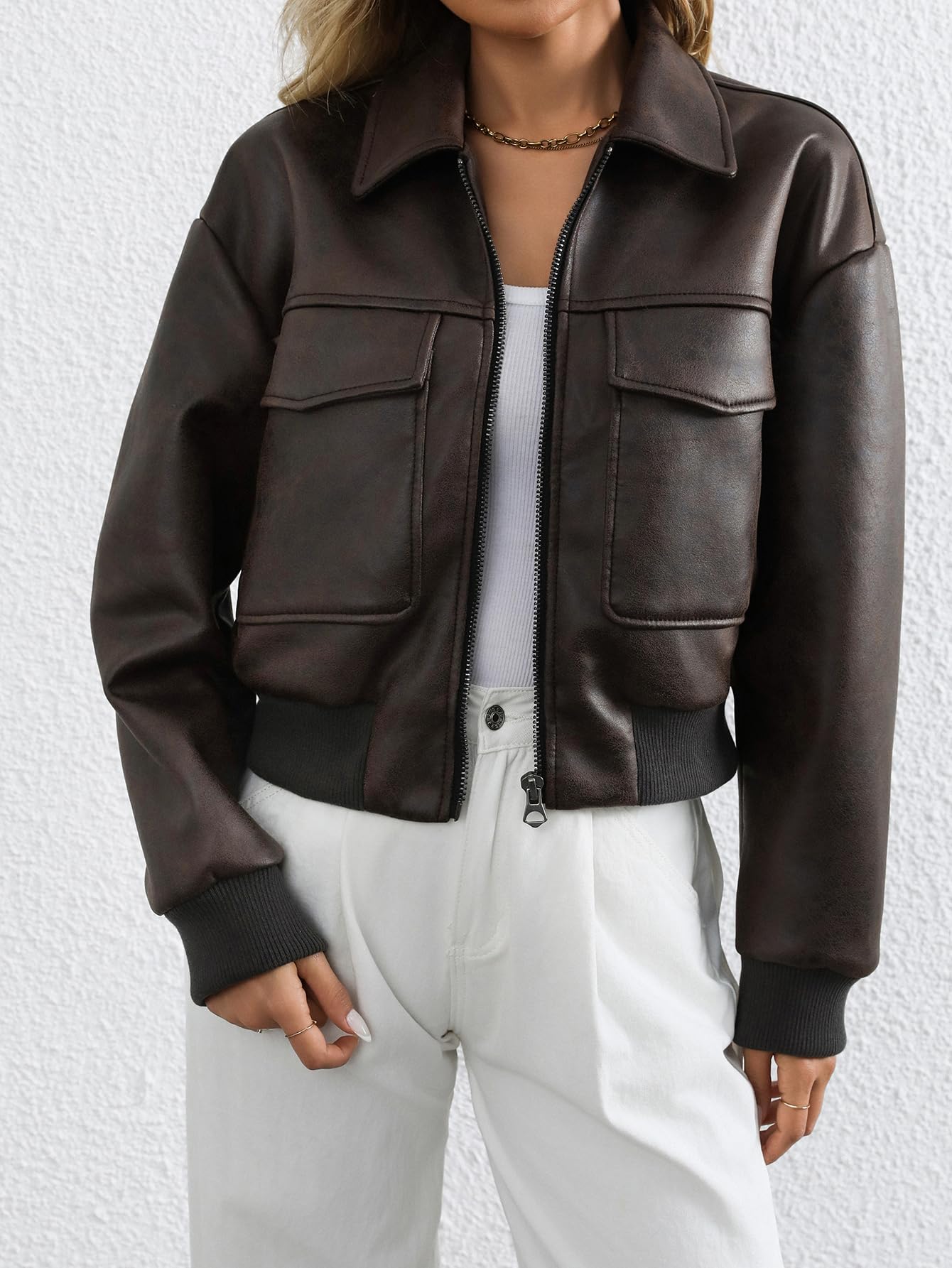 LY VAREY LIN Women Faux Leather Bomber Jacket Distressed Button Front Aviator Biker Coat