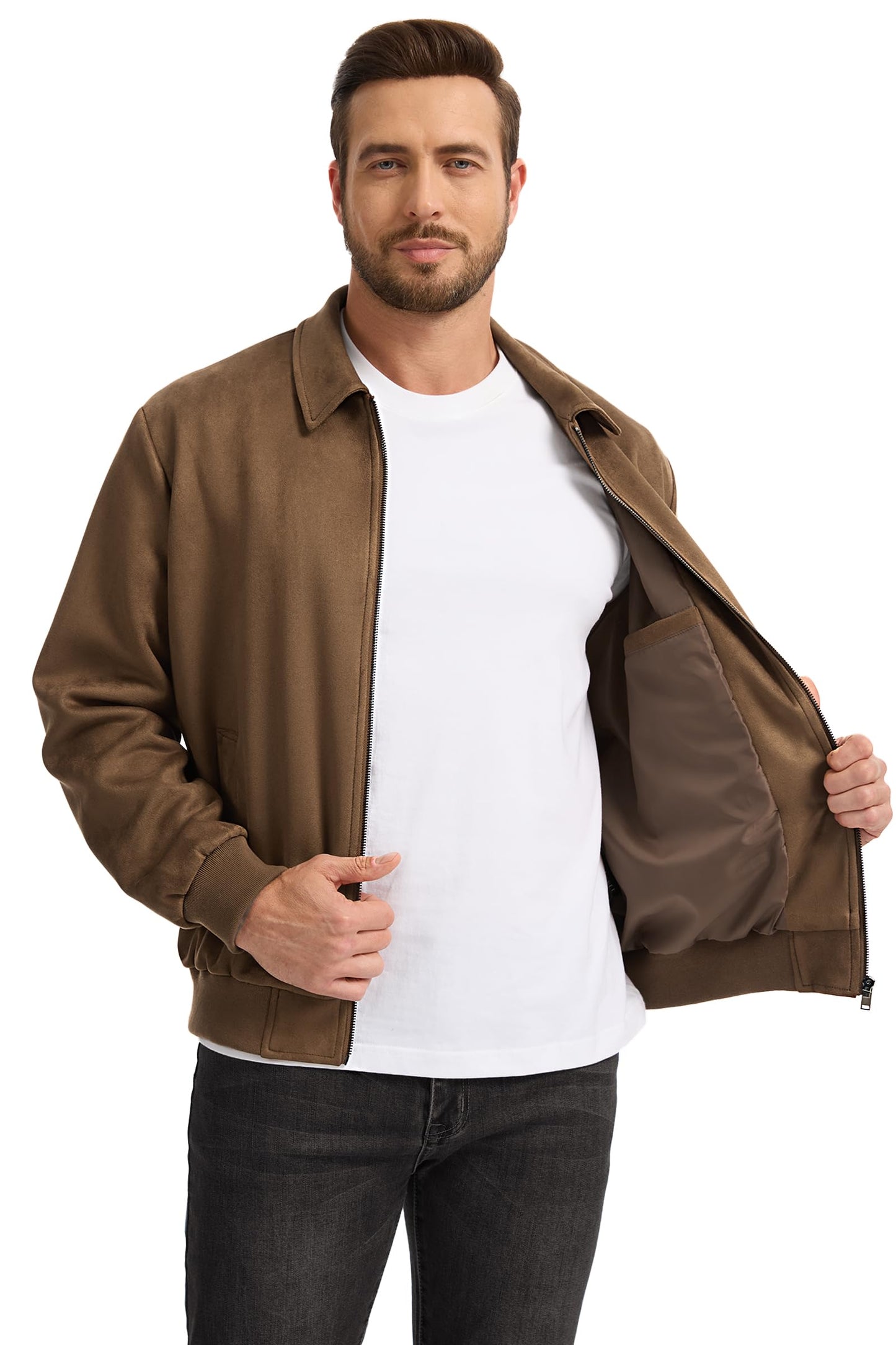 Fahsyee Men's Faux Suede Bomber Jacket Casual Stylish Outwear, Lightweight Vintage Coat With Full Zipper Brown XXL