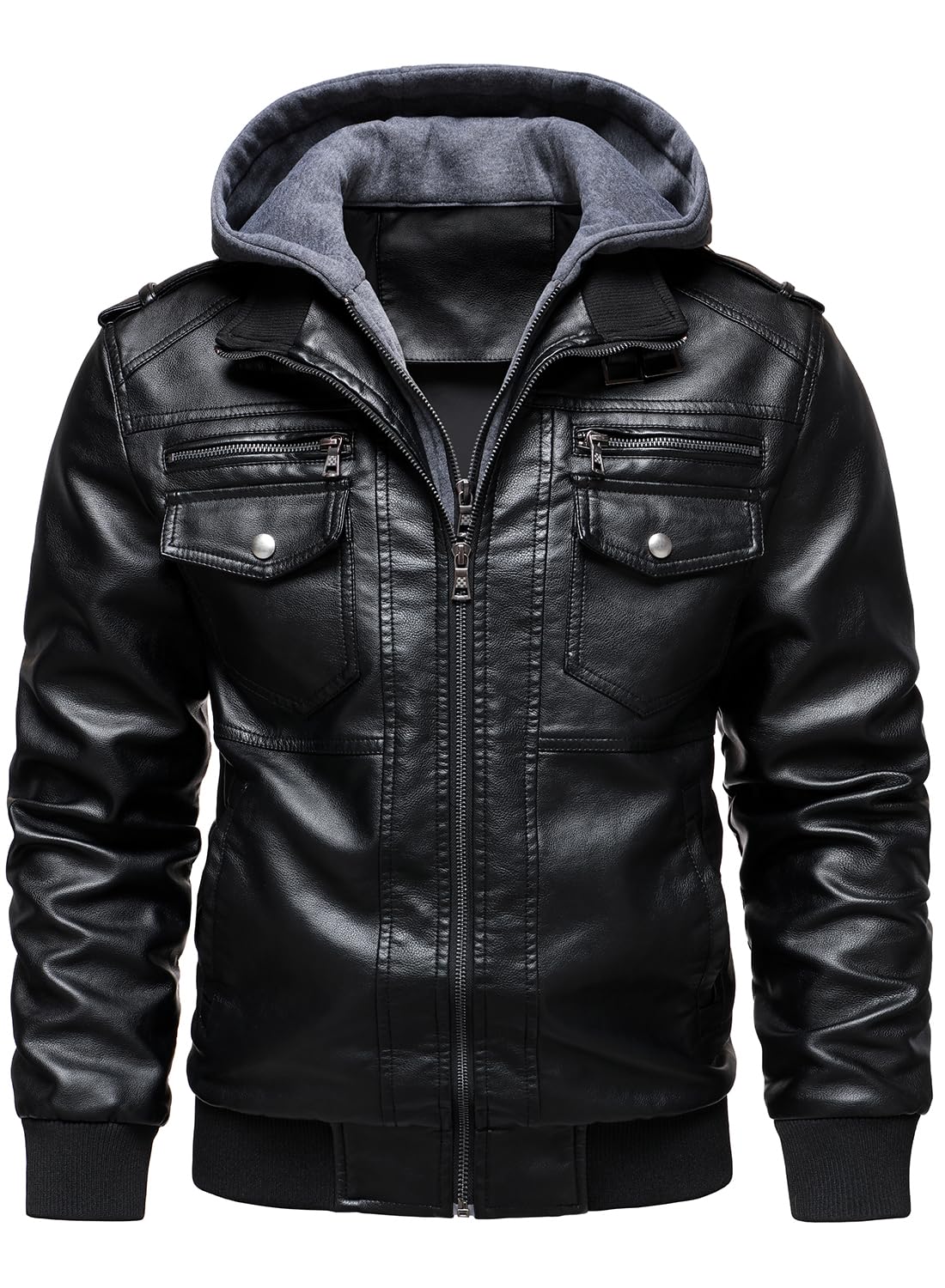 HOOD CREW Men's Faux Leather Hooded Jacket Motorcycle Jackets Water Repellent Windproof PU Moto Vintage Bomber Hoodie Coats Black L