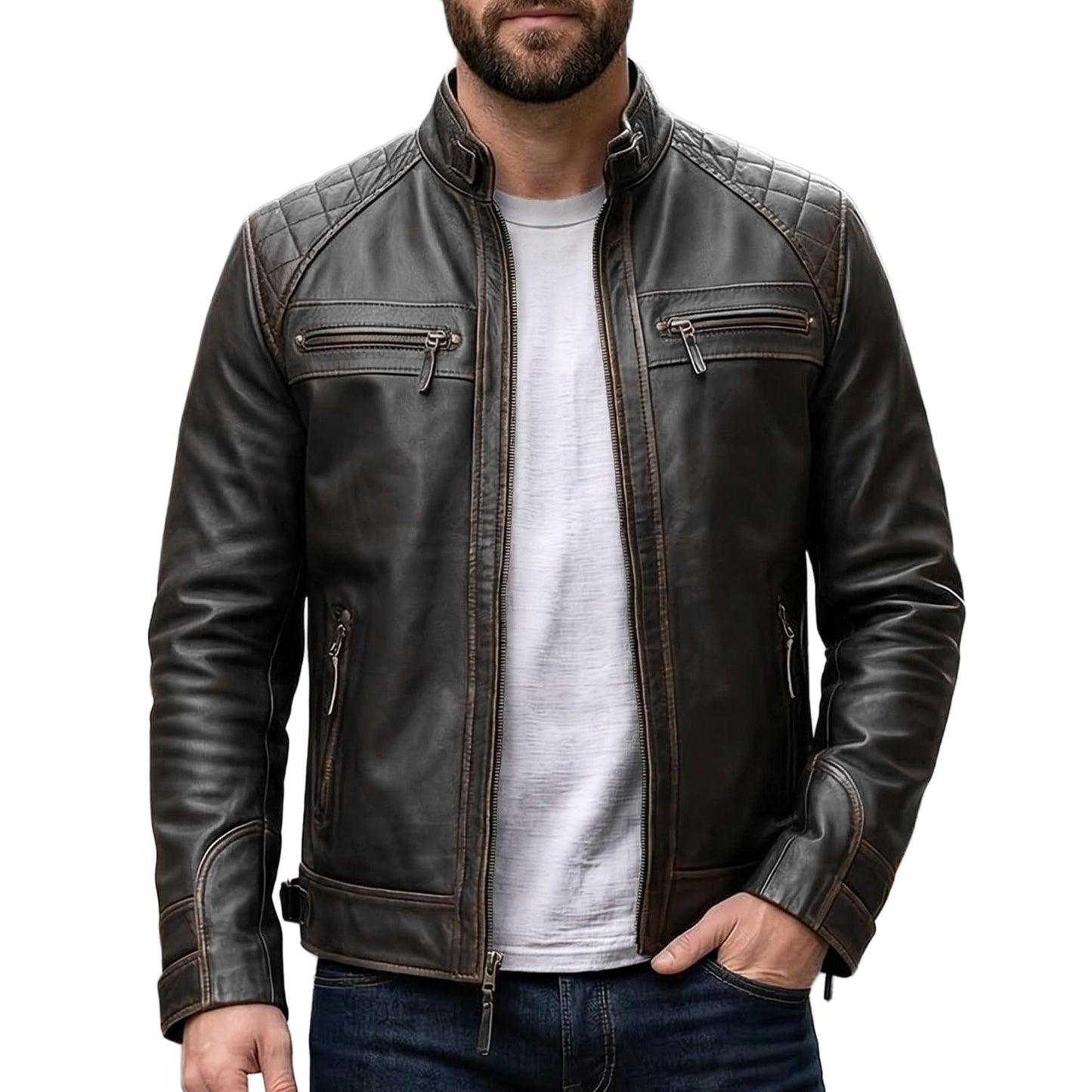 UrbanFocal Brown Leather Jacket Men - Quilted Moto Jacket Men for Bikers | [101000303] Diamond1 Ruboff, M